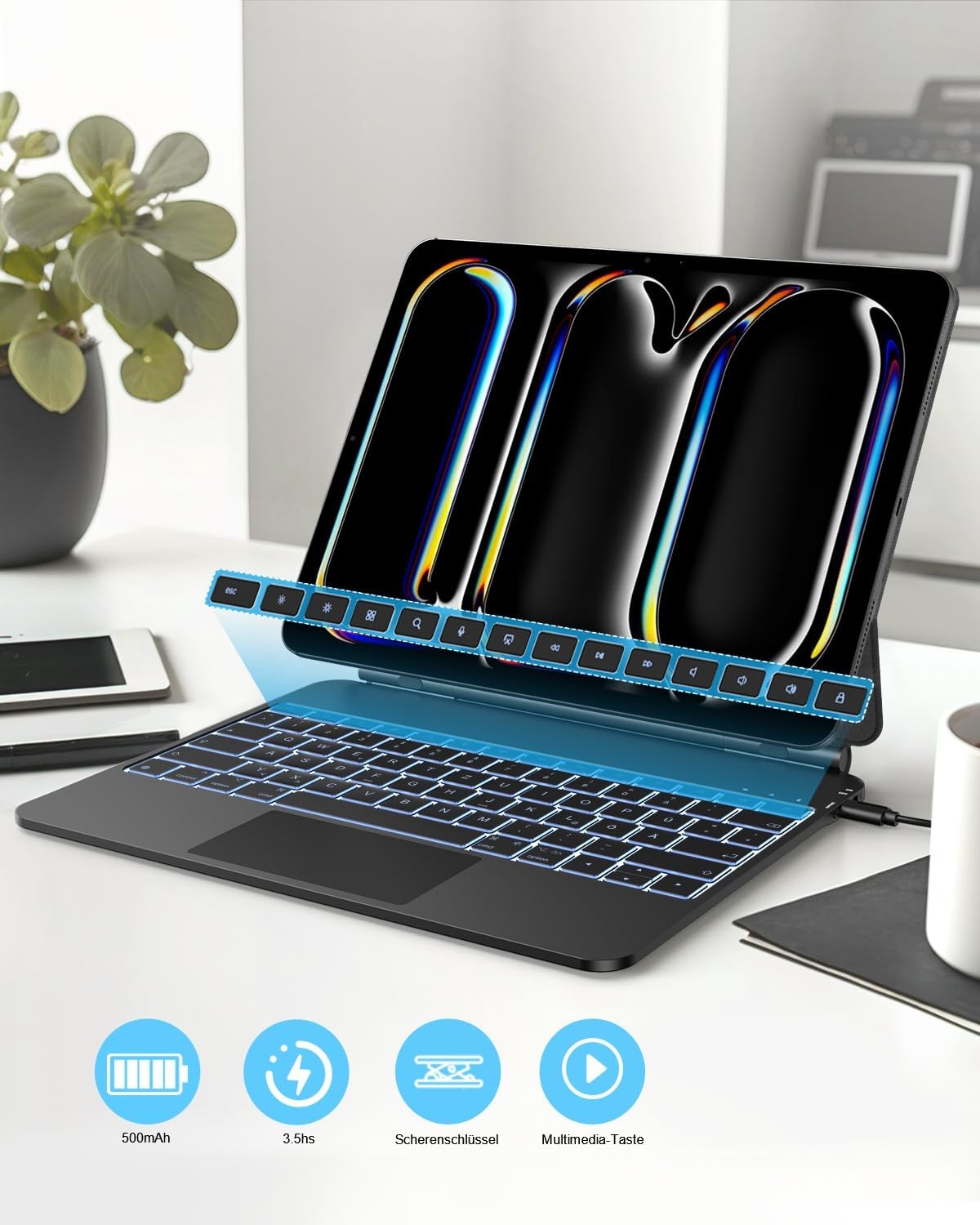 TECURS Toetsenbordhoes voor iPad Pro 13 inch 2024 (M4), Magic Keyboard voor iPad Pro 13 met trackpad, magnetisch zwevend design, licht, draagbaar, draadloos toetsenbord, QWERTZ, zwart