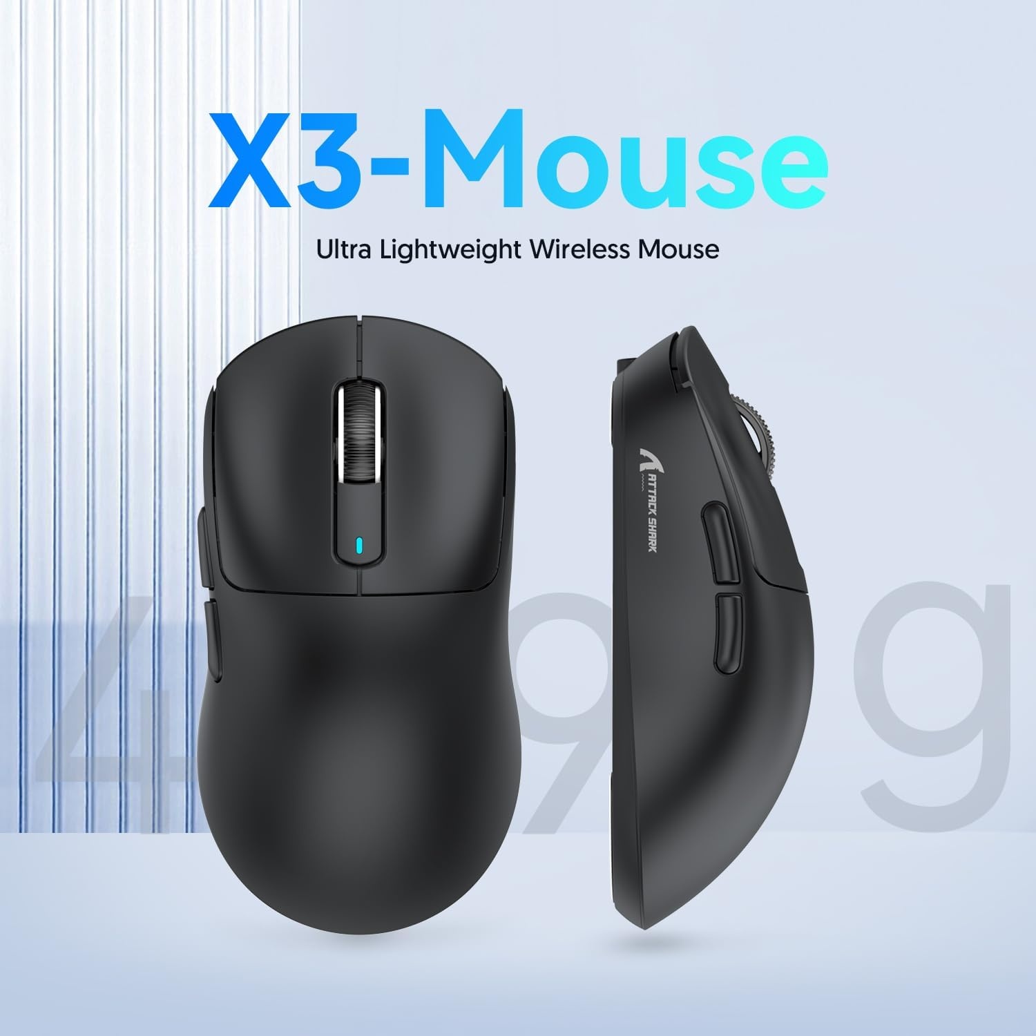 ATTACK SHARK X3 49g SUPERLIGHT-muis, PixArt PAW3395-gamingsensor, BT/2.4G draadloze/bedrade gamingmuis, 26000 DPI, 200 uur batterij, kantoormuizen voor Win11/Xbox/PS/Mac (zwart)