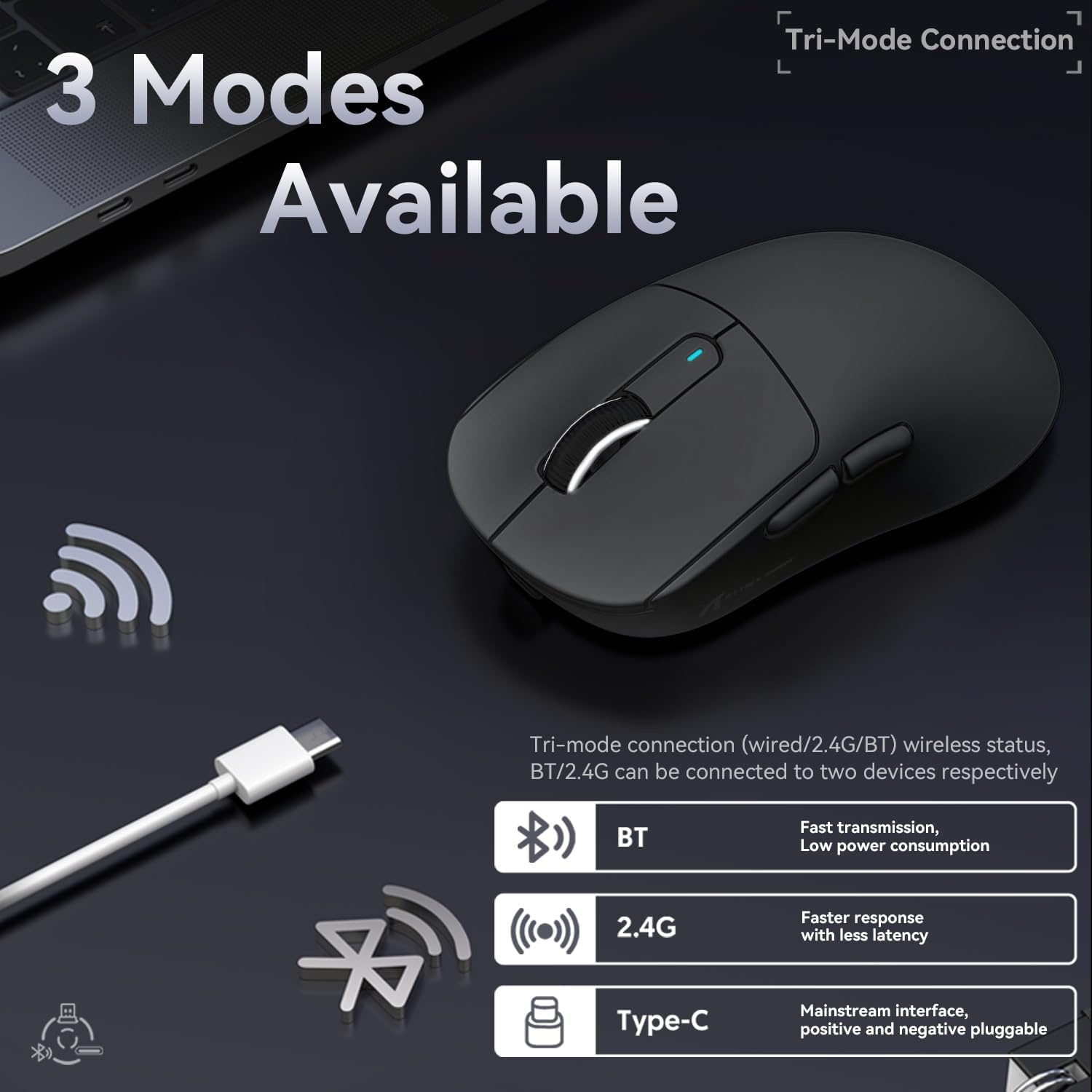 ATTACK SHARK X3 49g SUPERLIGHT-muis, PixArt PAW3395-gamingsensor, BT/2.4G draadloze/bedrade gamingmuis, 26000 DPI, 200 uur batterij, kantoormuizen voor Win11/Xbox/PS/Mac (zwart)