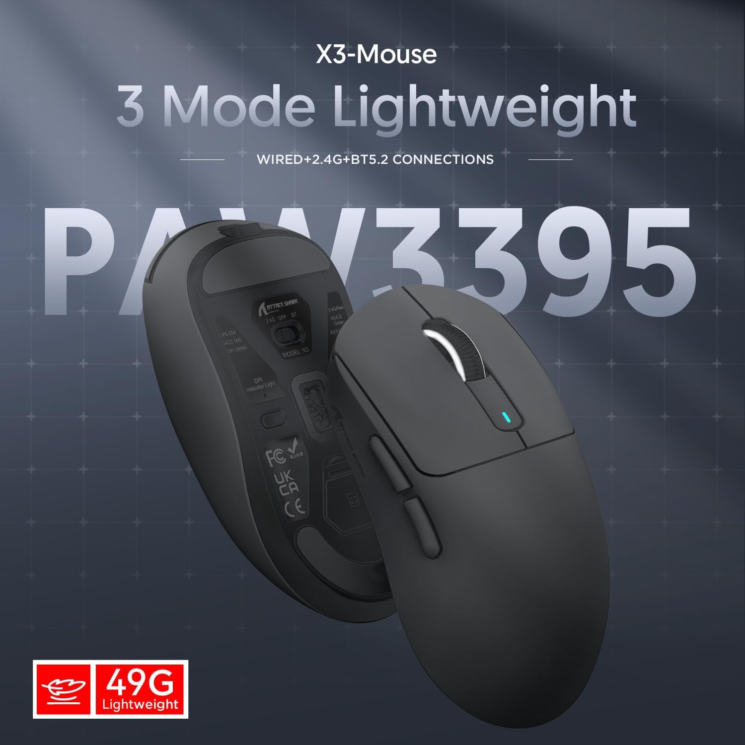 ATTACK SHARK X3 49g SUPERLIGHT-muis, PixArt PAW3395-gamingsensor, BT/2.4G draadloze/bedrade gamingmuis, 26000 DPI, 200 uur batterij, kantoormuizen voor Win11/Xbox/PS/Mac (zwart)