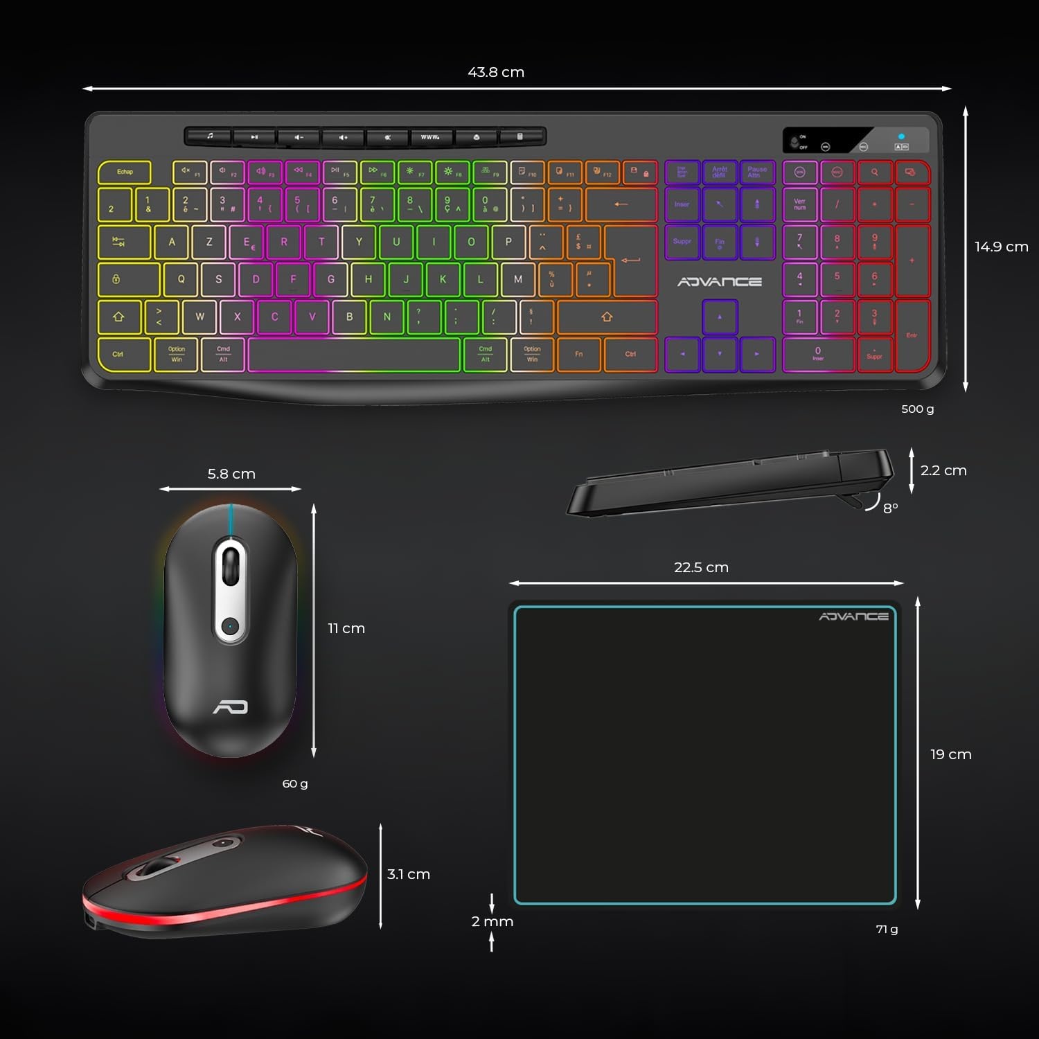 AD Advance R-Type Draadloos Toetsenbord en Muis Set met Anti-slip Mat, RGB Verlichting, 1600 DPI