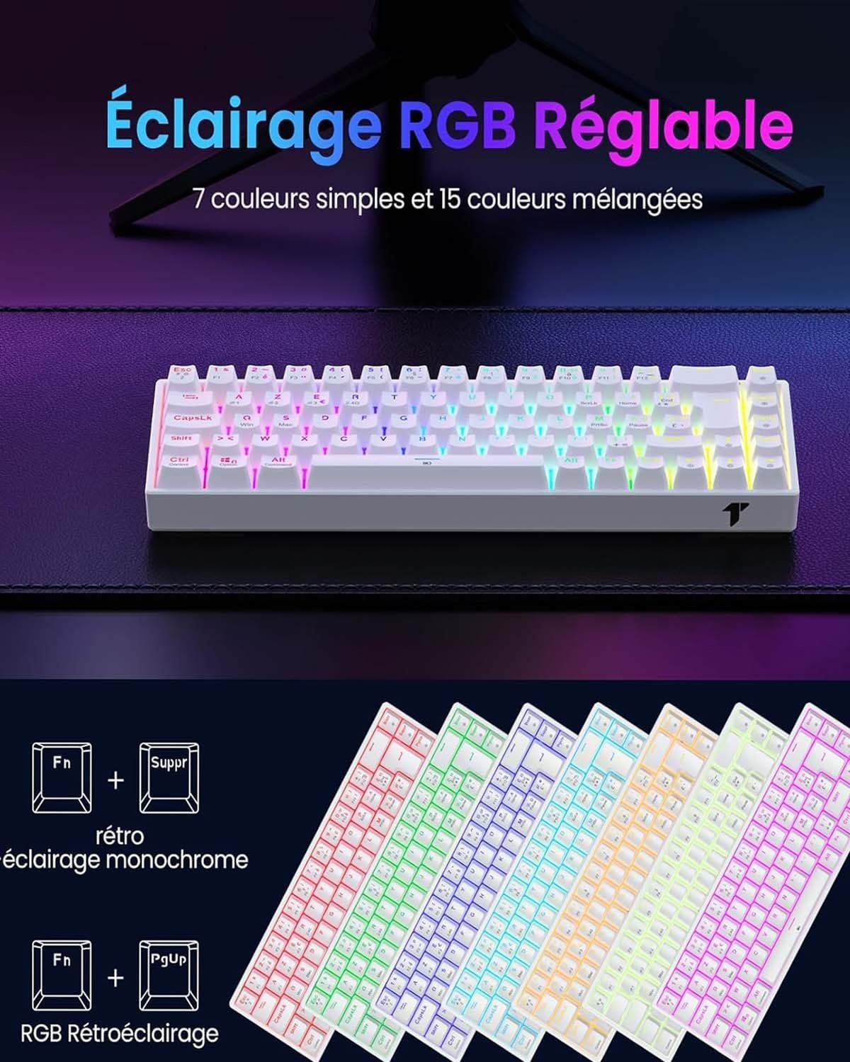 TECURS Mechanisch Gaming Toetsenbord Azerty 65% TKL Wireless RGB Bluetooth/2.4G/Type-C 68 toetsen Rode switches Wit
