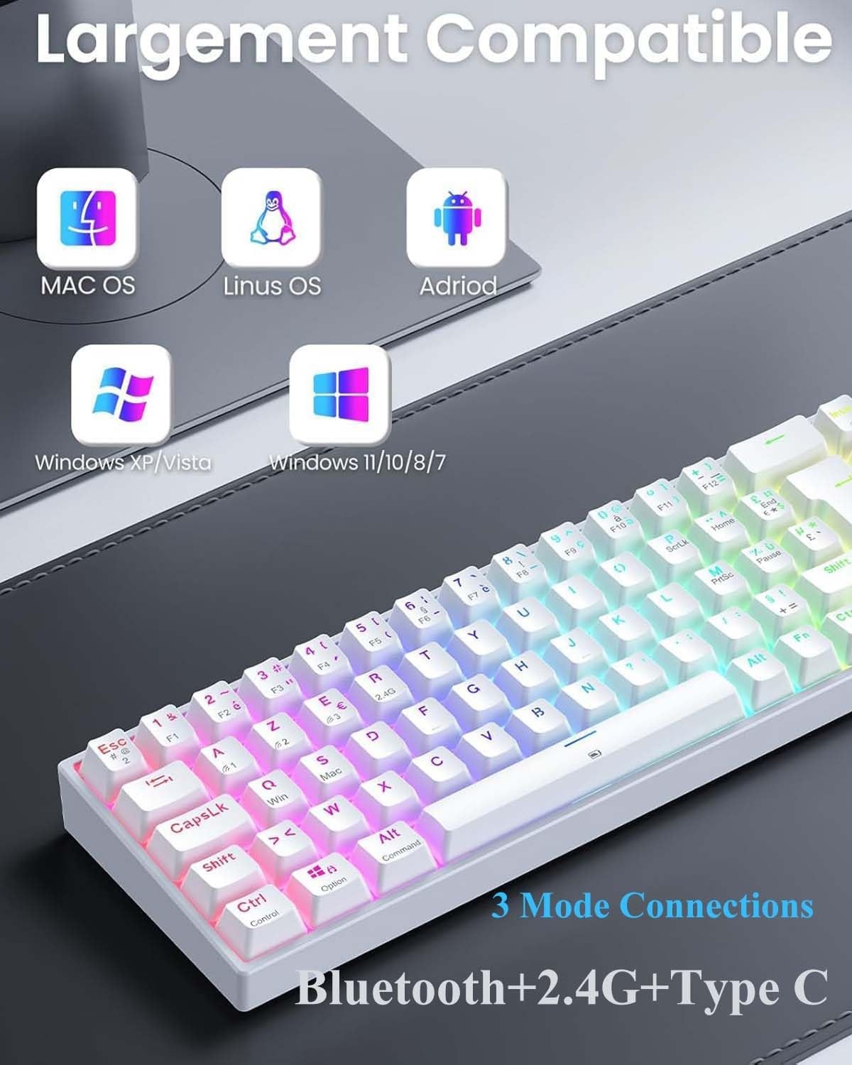 TECURS Mechanisch Gaming Toetsenbord Azerty 65% TKL Wireless RGB Bluetooth/2.4G/Type-C 68 toetsen Rode switches Wit