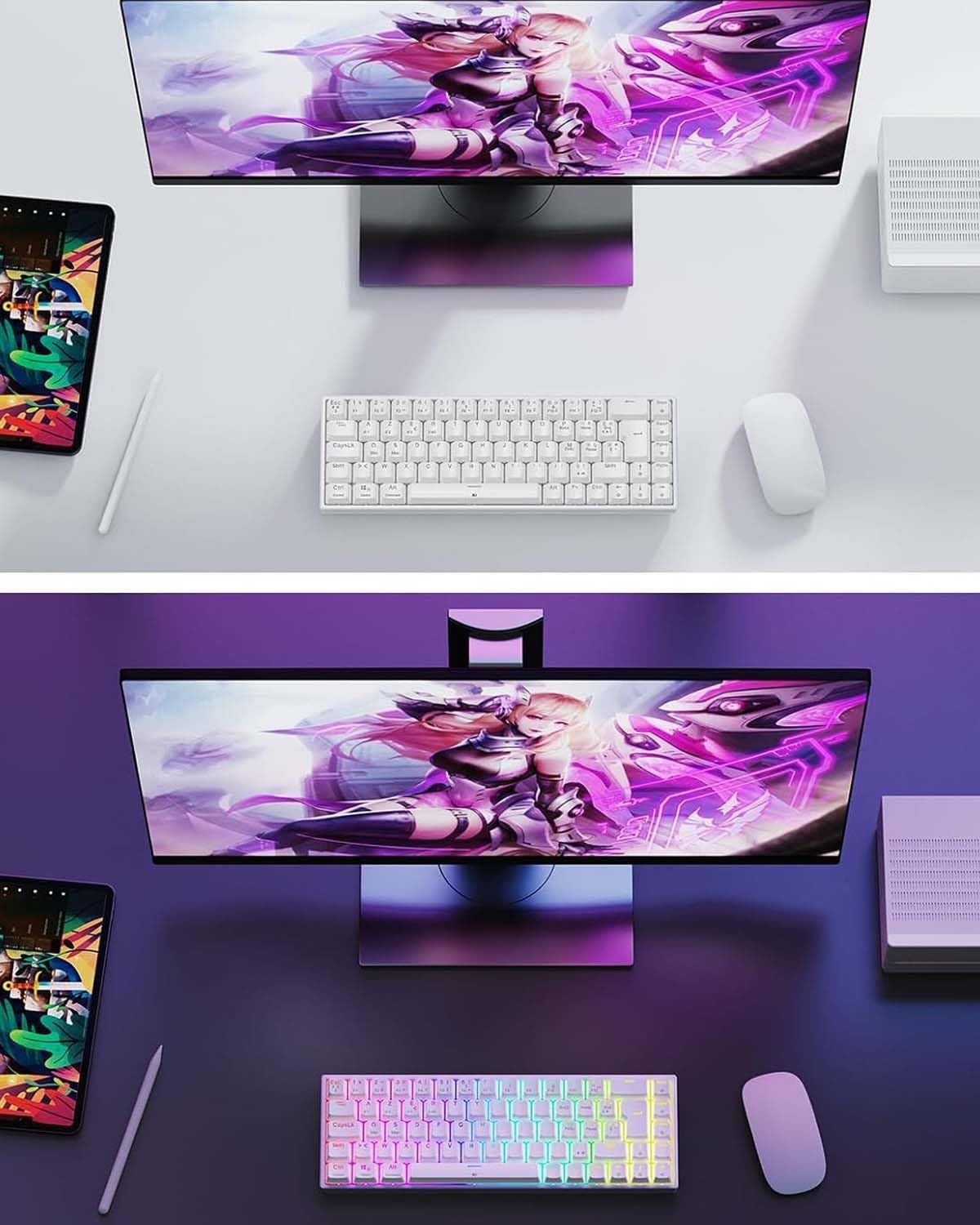 TECURS Mechanisch Gaming Toetsenbord Azerty 65% TKL Wireless RGB Bluetooth/2.4G/Type-C 68 toetsen Rode switches Wit