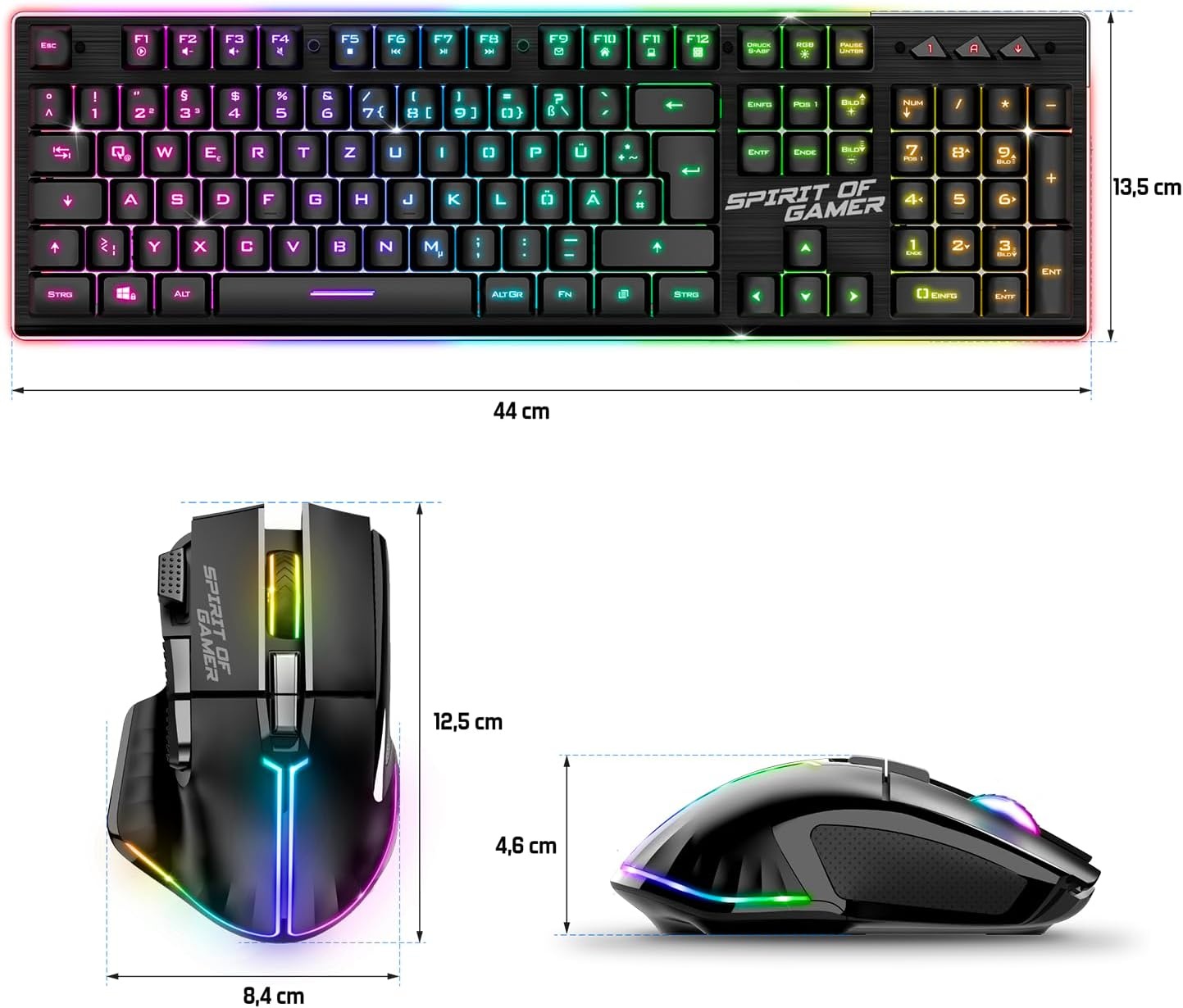 SPIRIT OF GAMER Set draadloos gaming-toetsenbord, zwart, oplaadbaar, RGB, QWERTZ met achtergrondverlichting, semi-mechanisch gamingtoetsenbord, aluminium structuur, draadloze muis 4800 DPI | PS4/PS5,