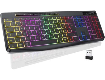TECURS Draadloos gaming-toetsenbord, stil verlicht ergonomisch en waterdicht, 2,4 GHz led-toetsenbord voor Windows/Mac/PS4/Xbox met multimedia-toetsen, zwart