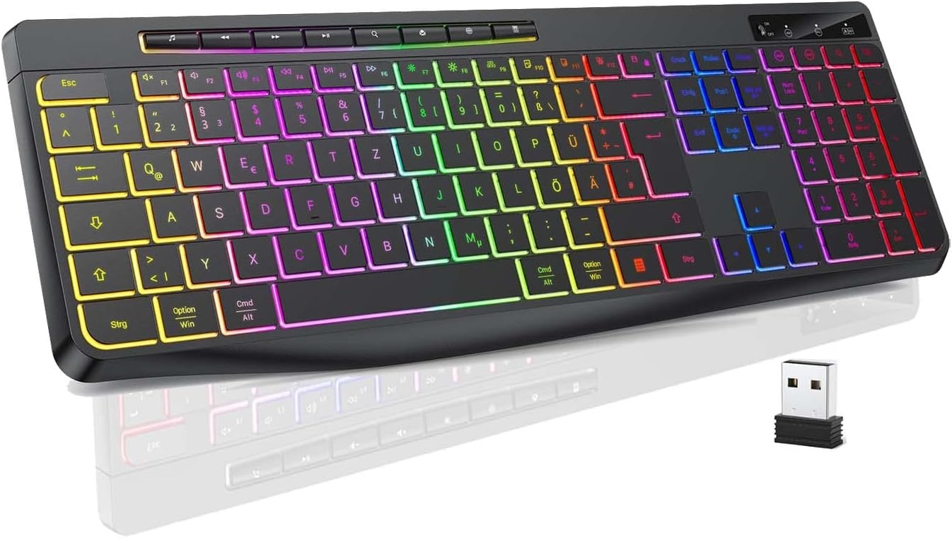 TECURS Draadloos gaming-toetsenbord, stil verlicht ergonomisch en waterdicht, 2,4 GHz led-toetsenbord voor Windows/Mac/PS4/Xbox met multimedia-toetsen, zwart