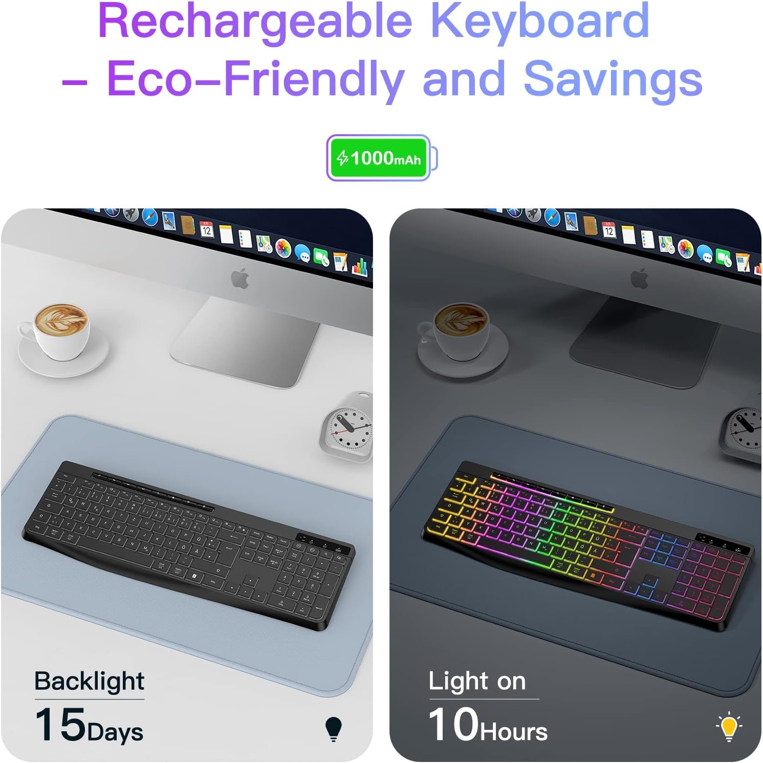 TECURS Draadloos gaming-toetsenbord, stil verlicht ergonomisch en waterdicht, 2,4 GHz led-toetsenbord voor Windows/Mac/PS4/Xbox met multimedia-toetsen, zwart