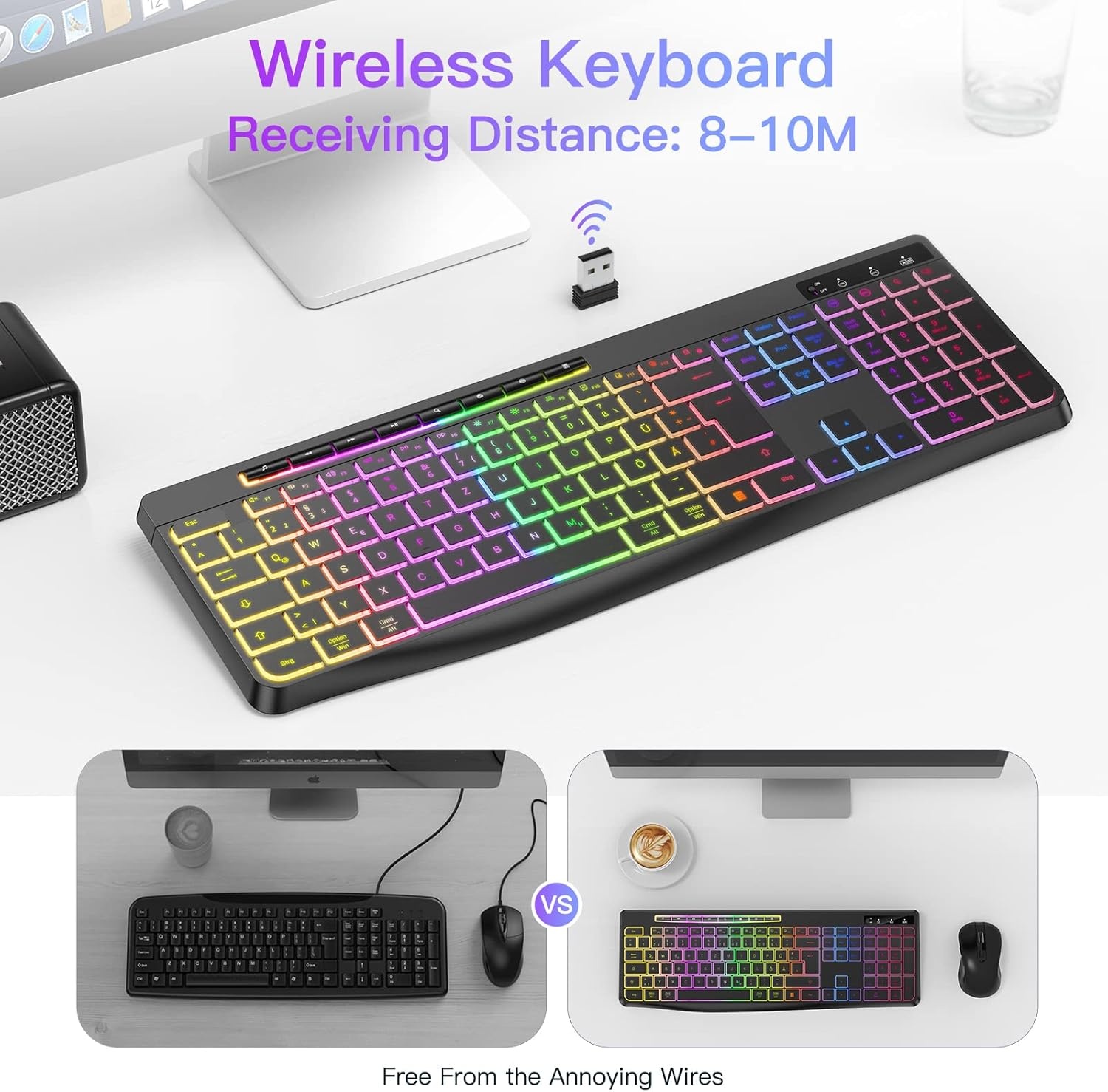 TECURS Draadloos gaming-toetsenbord, stil verlicht ergonomisch en waterdicht, 2,4 GHz led-toetsenbord voor Windows/Mac/PS4/Xbox met multimedia-toetsen, zwart