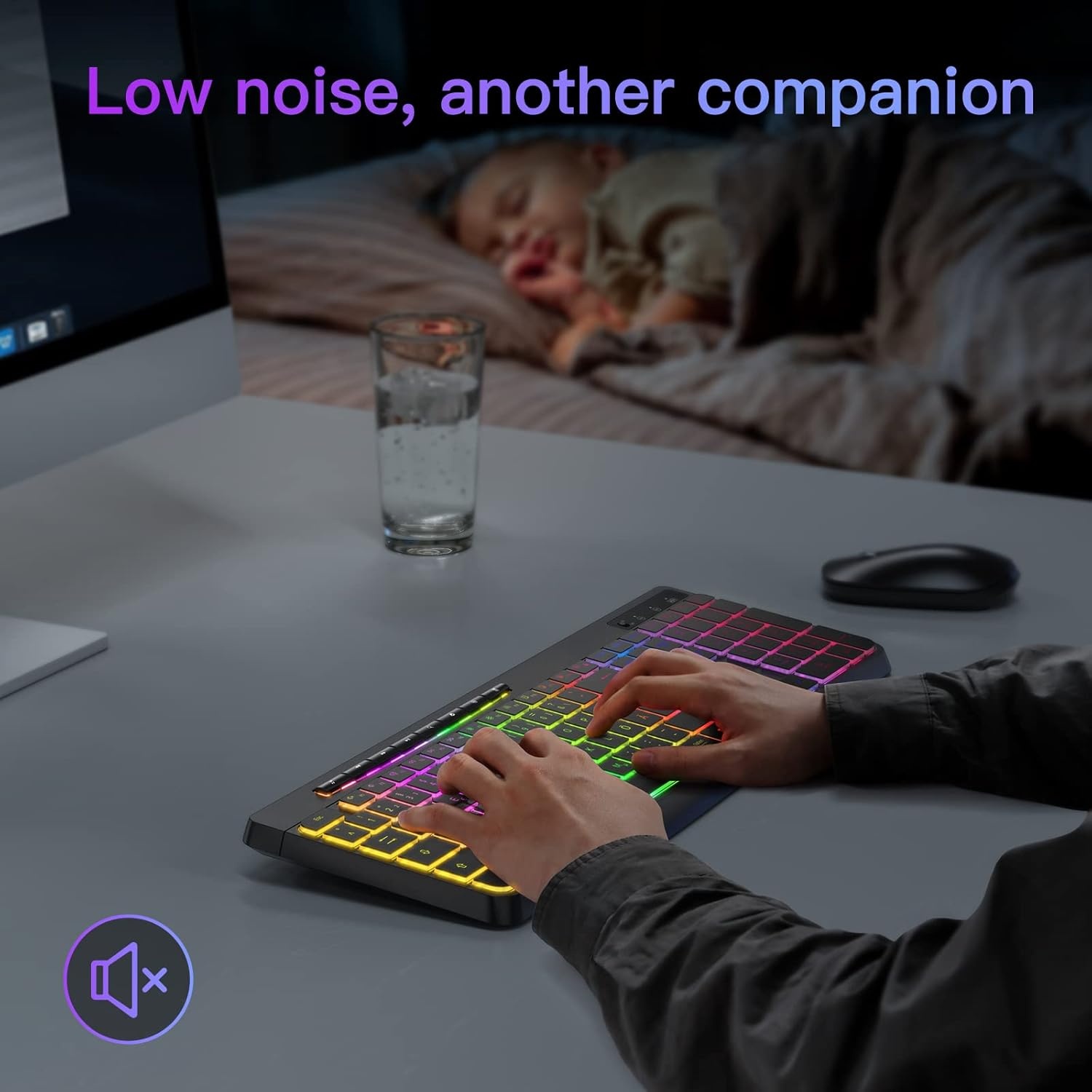 TECURS Draadloos gaming-toetsenbord, stil verlicht ergonomisch en waterdicht, 2,4 GHz led-toetsenbord voor Windows/Mac/PS4/Xbox met multimedia-toetsen, zwart