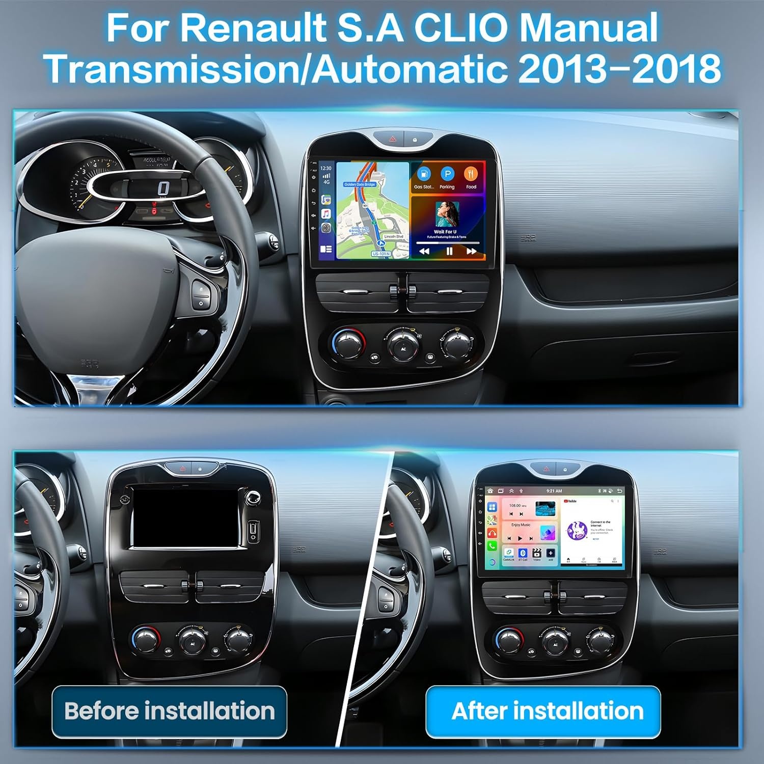 Inefala 2G+64G Autoradio Android voor Renault Clio 2013-2018 Wireless Carplay Android Auto met 10" Scherm met GPS WiFi BT USB SWC Achteruitrijcamera