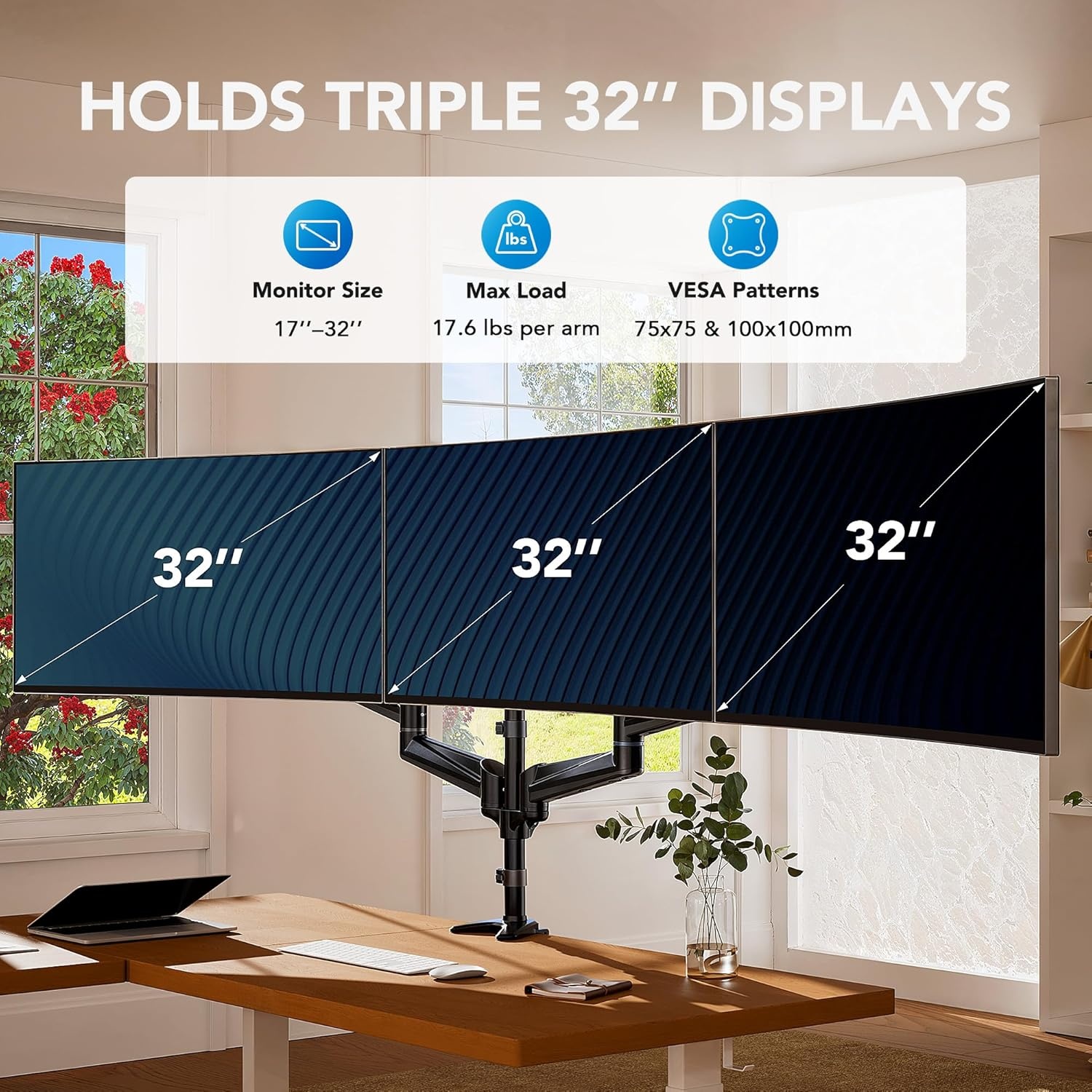 HUANUO Drievoudige Monitorstandaard Zwart voor 17-32 Inch Schermen met Verstelbare Armen