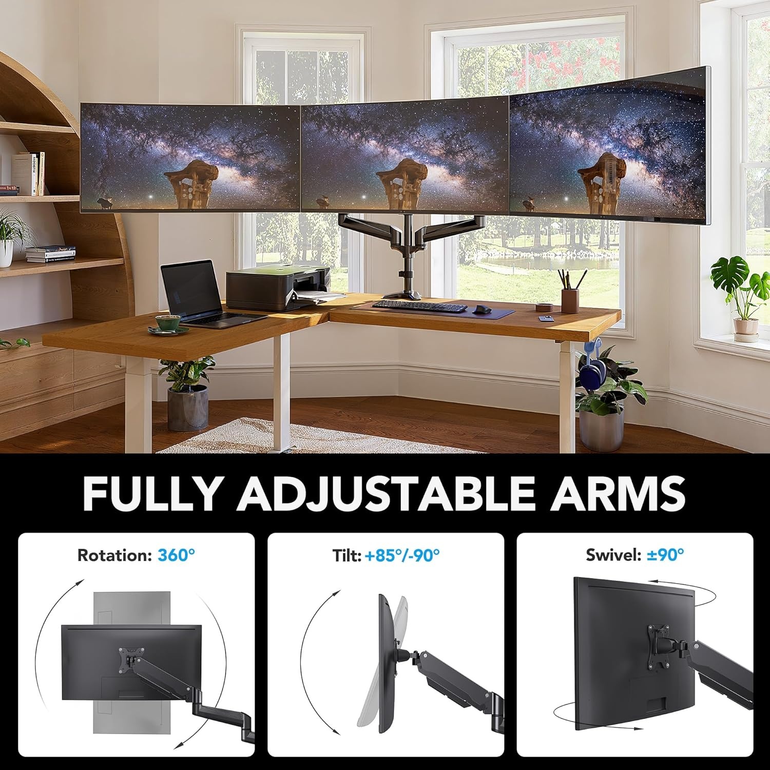 HUANUO Drievoudige Monitorstandaard Zwart voor 17-32 Inch Schermen met Verstelbare Armen