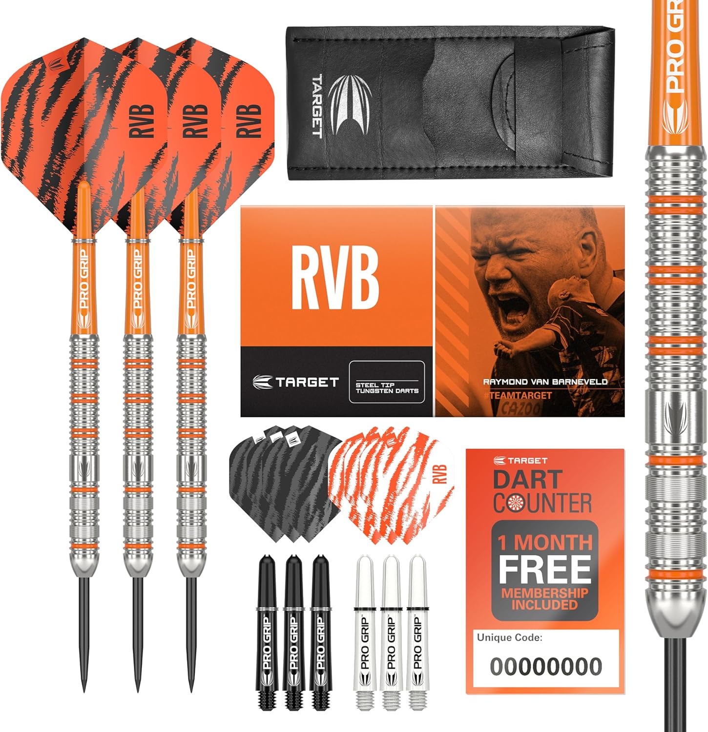 Target Darts Raymond van Barneveld RVB 22G/23G/24G Wolfraam Stalen Uiteinde Darts Set - 9 Pro Grip Schachten - 9 Pro Ultra Vluchten – Dart Portemonnee - Dart Counter App Coupon Bundle