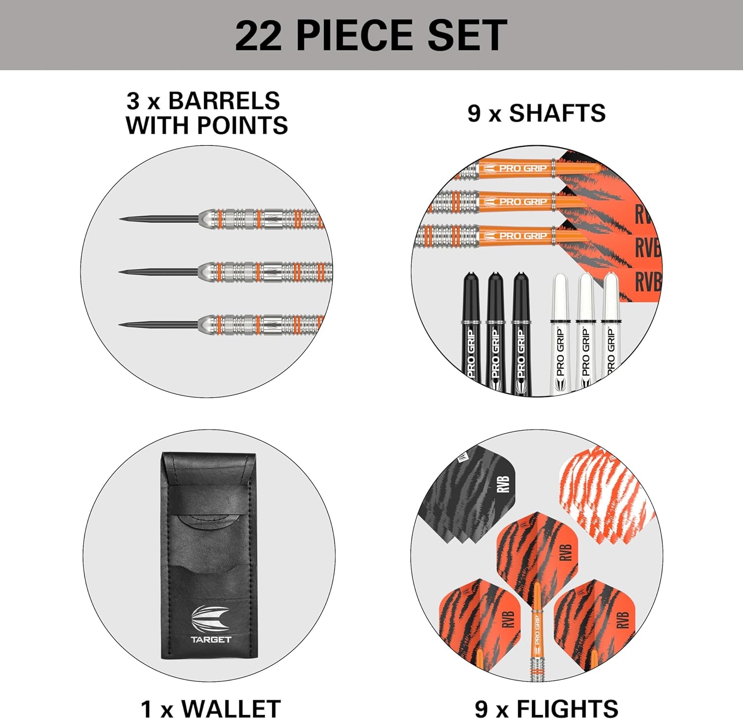 Target Darts Raymond van Barneveld RVB 22G/23G/24G Wolfraam Stalen Uiteinde Darts Set - 9 Pro Grip Schachten - 9 Pro Ultra Vluchten – Dart Portemonnee - Dart Counter App Coupon Bundle
