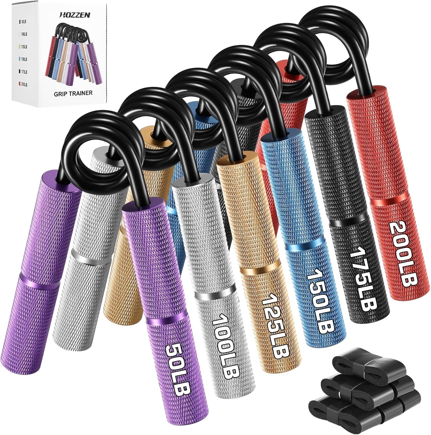 Hozzen handtrainer vingertrainer, gripkrachttrainer trainingsset - 6 stuks (50/100/125/150/175/200LB) polstrainer, robuuste handgreep voor spieropbouw en handrevalidatieoefeningen