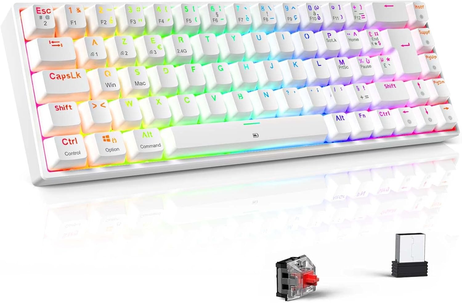 TECURS Mechanisch Gaming Toetsenbord Azerty 65% TKL Wireless RGB Bluetooth/2.4G/Type-C 68 toetsen Rode switches Wit