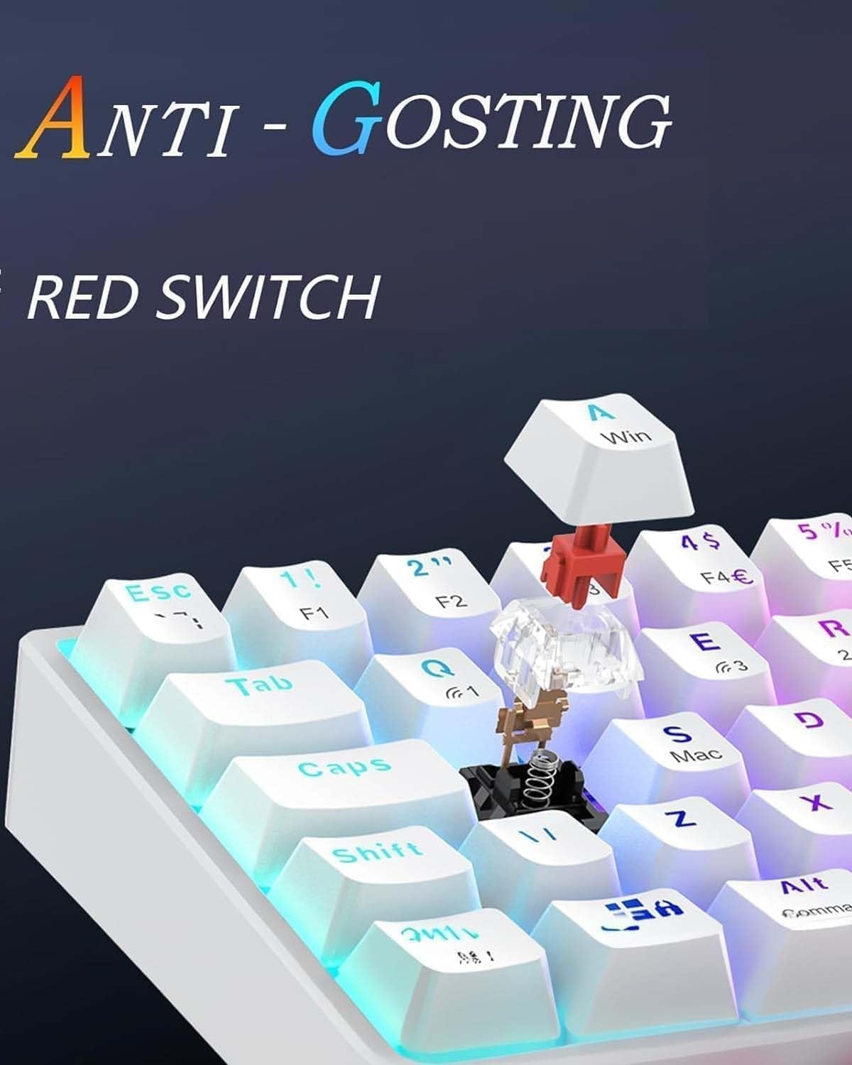 TECURS Mechanisch Gaming Toetsenbord Azerty 65% TKL Wireless RGB Bluetooth/2.4G/Type-C 68 toetsen Rode switches Wit
