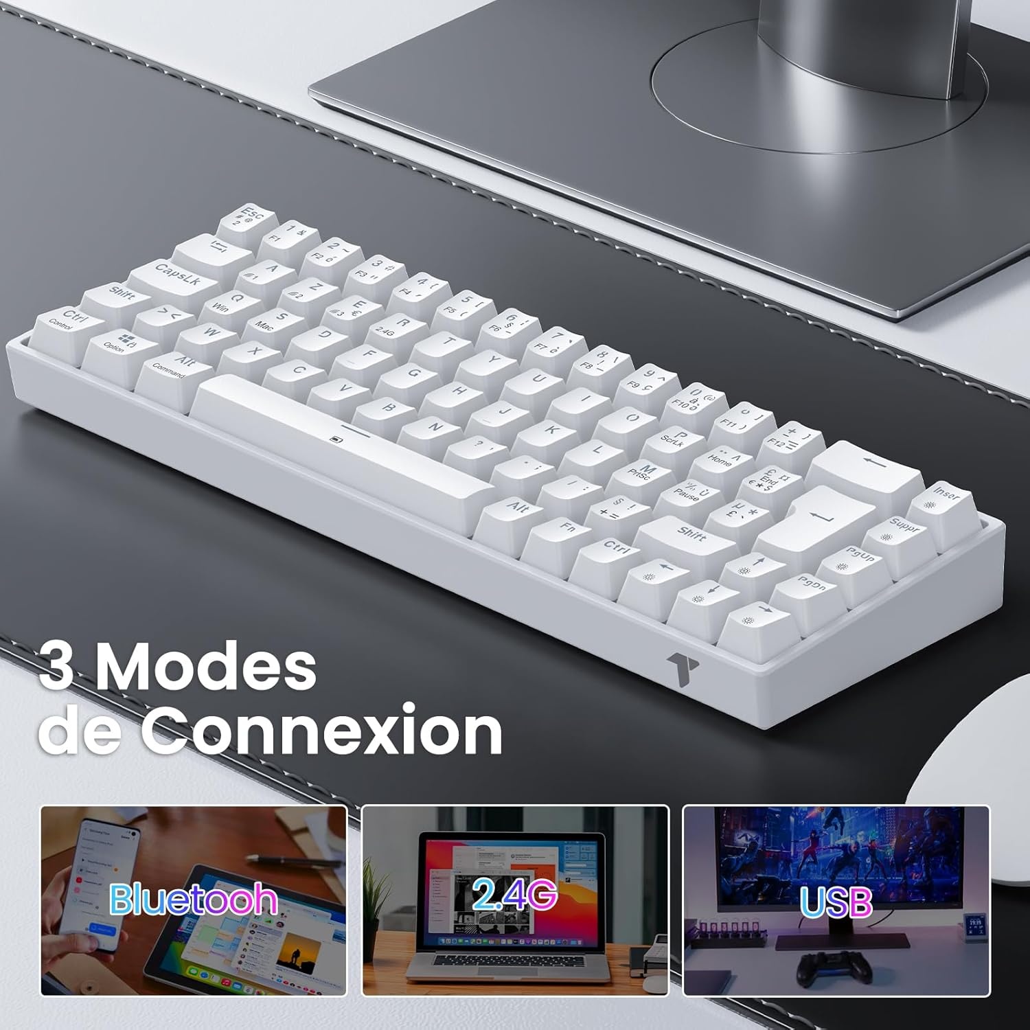 TECURS Mechanisch Gaming Toetsenbord Azerty 65% TKL Wireless RGB Bluetooth/2.4G/Type-C 68 toetsen Rode switches Wit