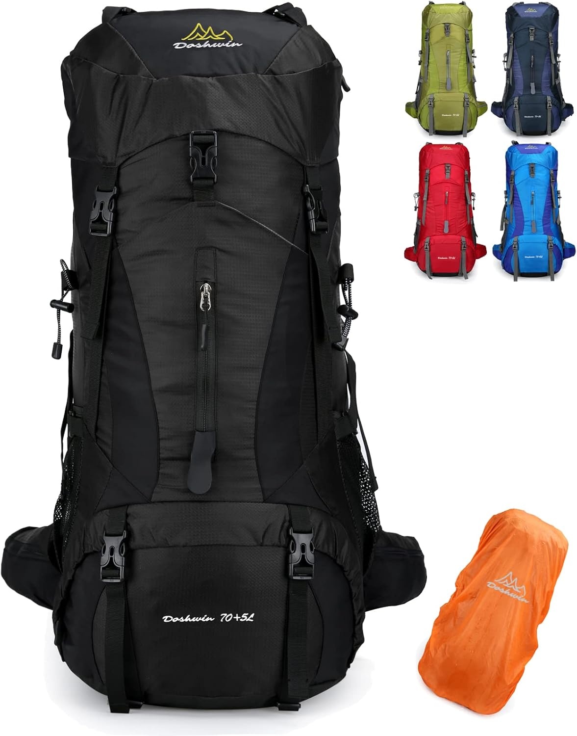 Doshwin 70L Grote Rugzak Kamperen Trekking Wandelen Reizen met Regenhoes - Unisex Zwart