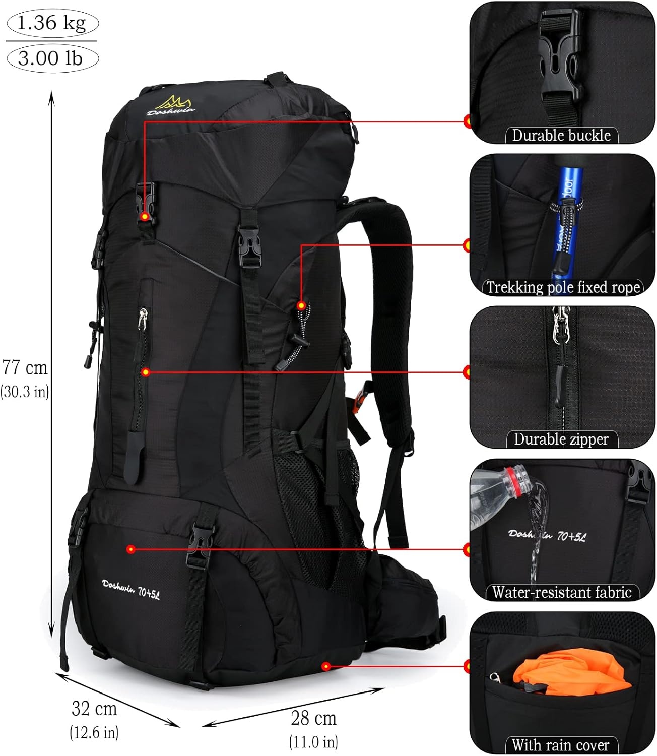 Doshwin 70L Grote Rugzak Kamperen Trekking Wandelen Reizen met Regenhoes - Unisex Zwart