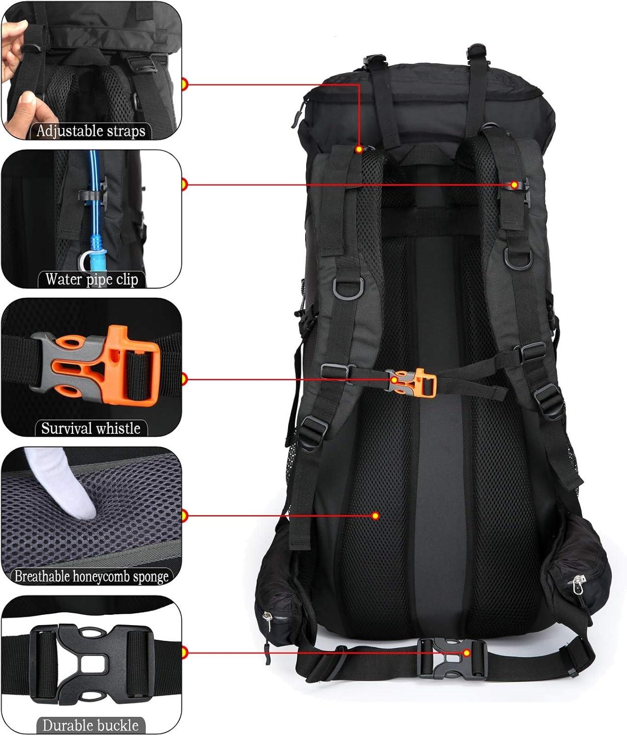 Doshwin 70L Grote Rugzak Kamperen Trekking Wandelen Reizen met Regenhoes - Unisex Zwart