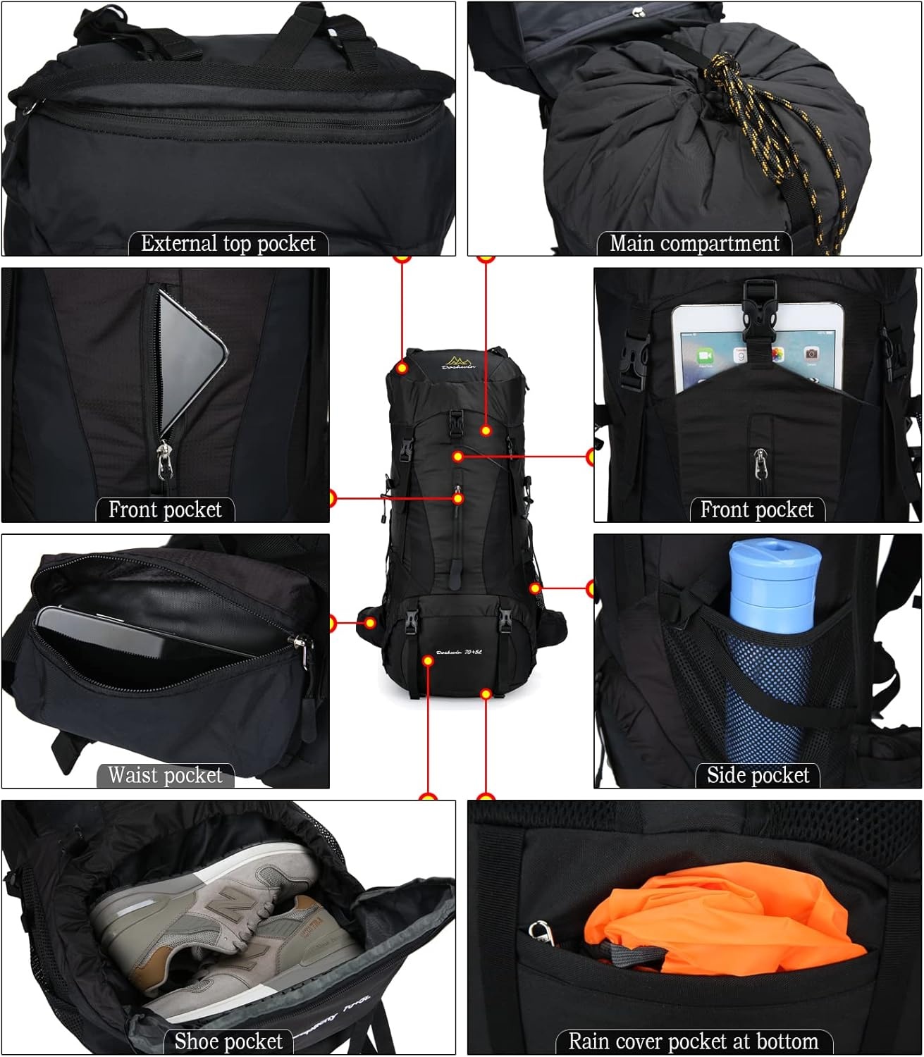 Doshwin 70L Grote Rugzak Kamperen Trekking Wandelen Reizen met Regenhoes - Unisex Zwart