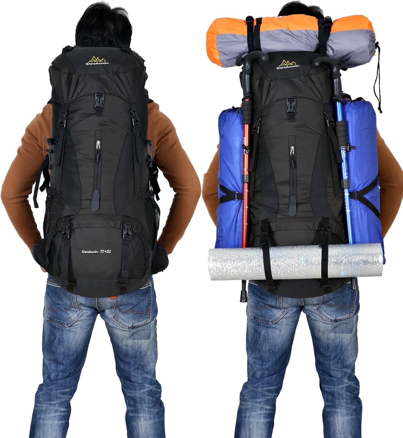 Doshwin 70L Grote Rugzak Kamperen Trekking Wandelen Reizen met Regenhoes - Unisex Zwart