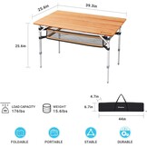 KingCamp campingtafel bamboe vouwtafel in hoogte verstelbaar voor 2 tot 6 personen - Maat 3 hoog - 100 x 65 cm,Met net