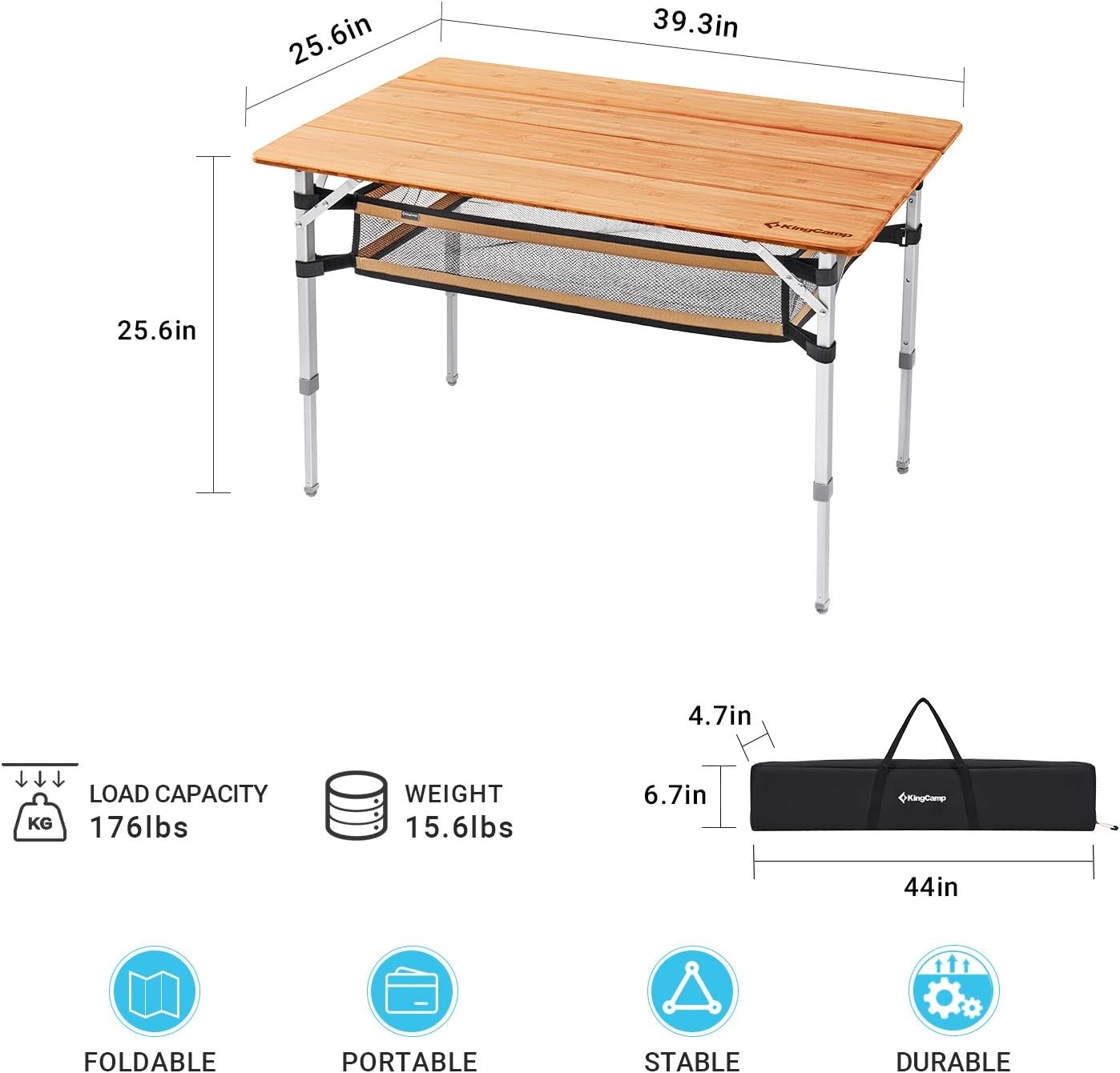 KingCamp campingtafel bamboe vouwtafel in hoogte verstelbaar voor 2 tot 6 personen - Maat 3 hoog - 100 x 65 cm,Met net