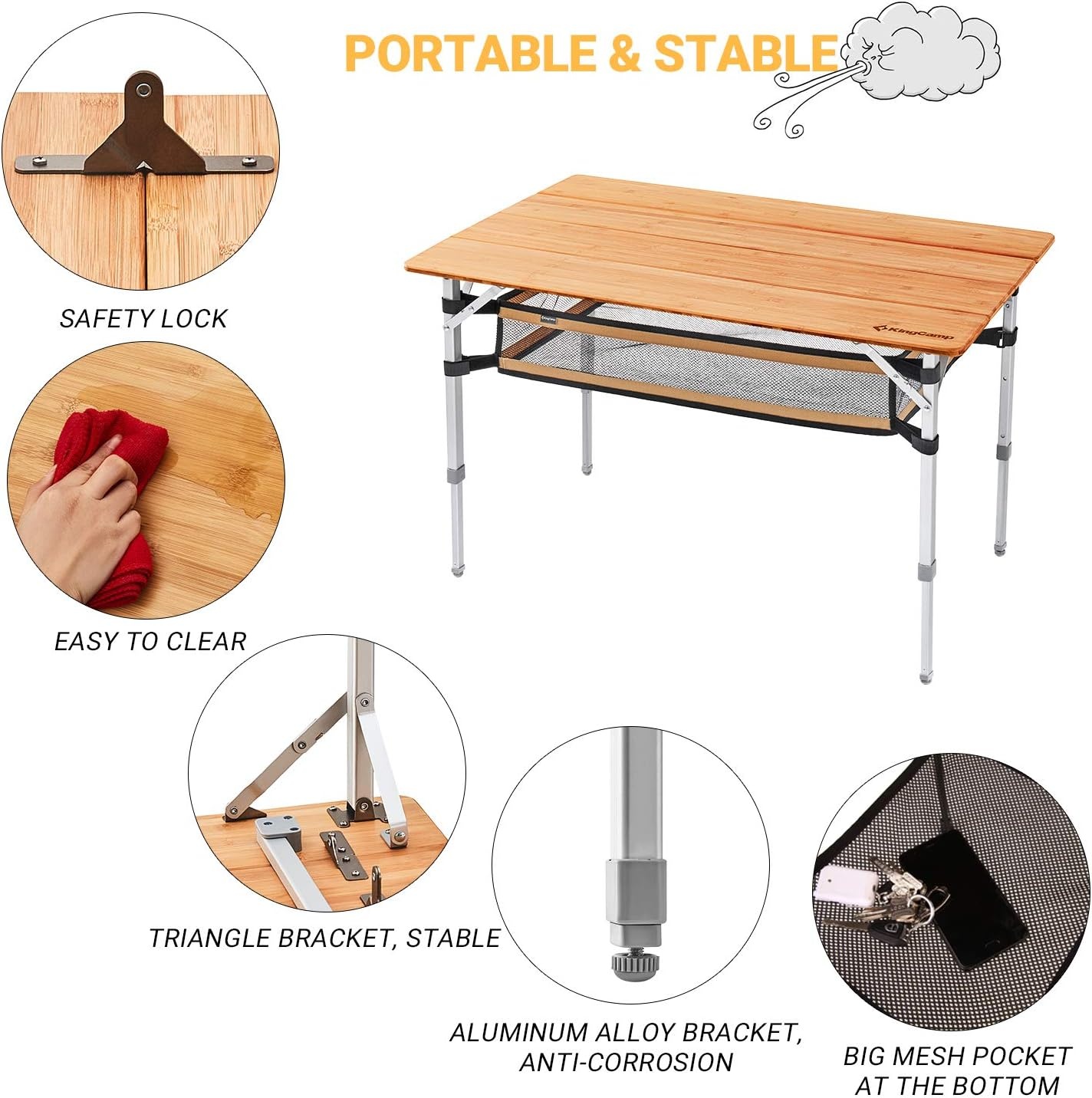 KingCamp campingtafel bamboe vouwtafel in hoogte verstelbaar voor 2 tot 6 personen - Maat 3 hoog - 100 x 65 cm,Met net