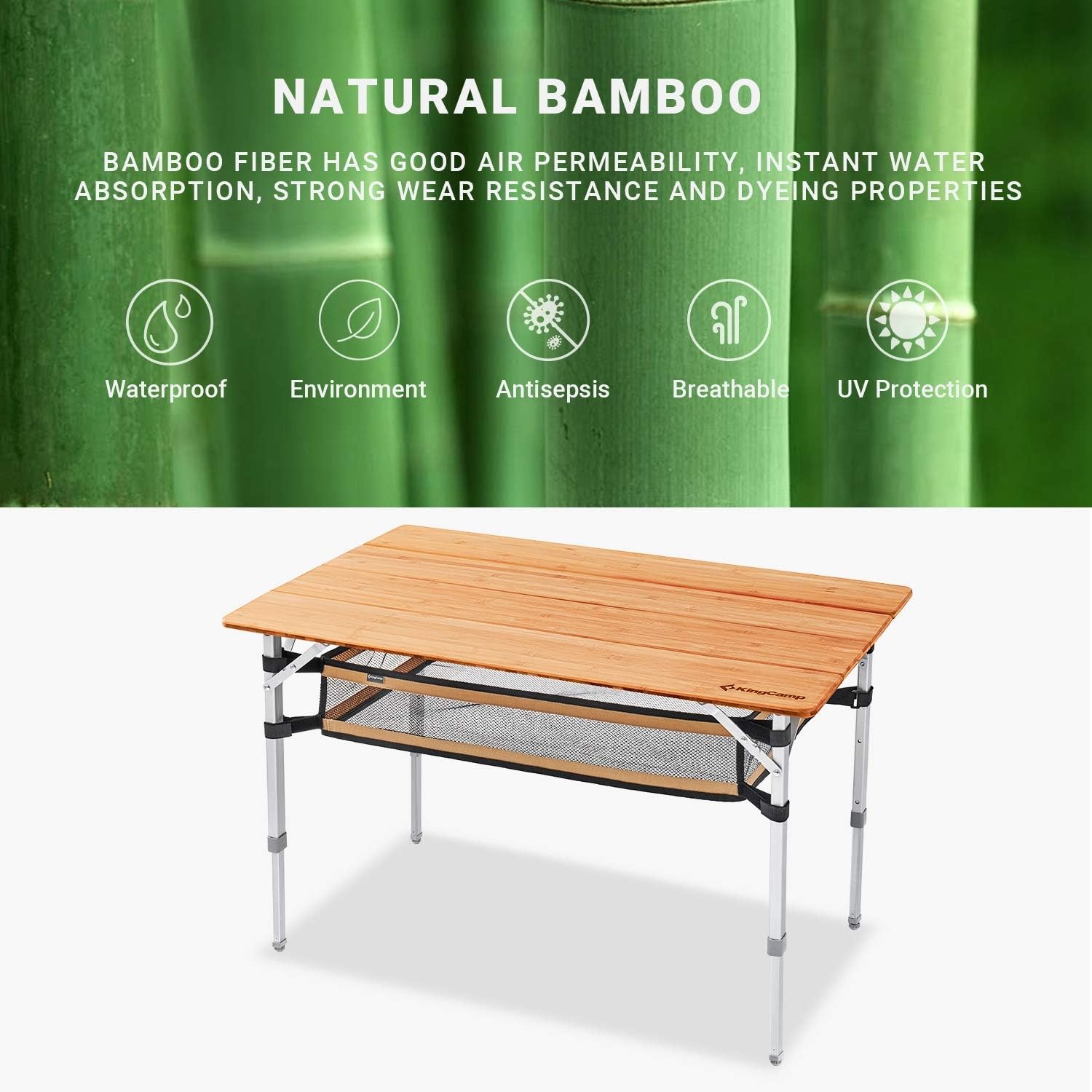 KingCamp campingtafel bamboe vouwtafel in hoogte verstelbaar voor 2 tot 6 personen - Maat 3 hoog - 100 x 65 cm,Met net