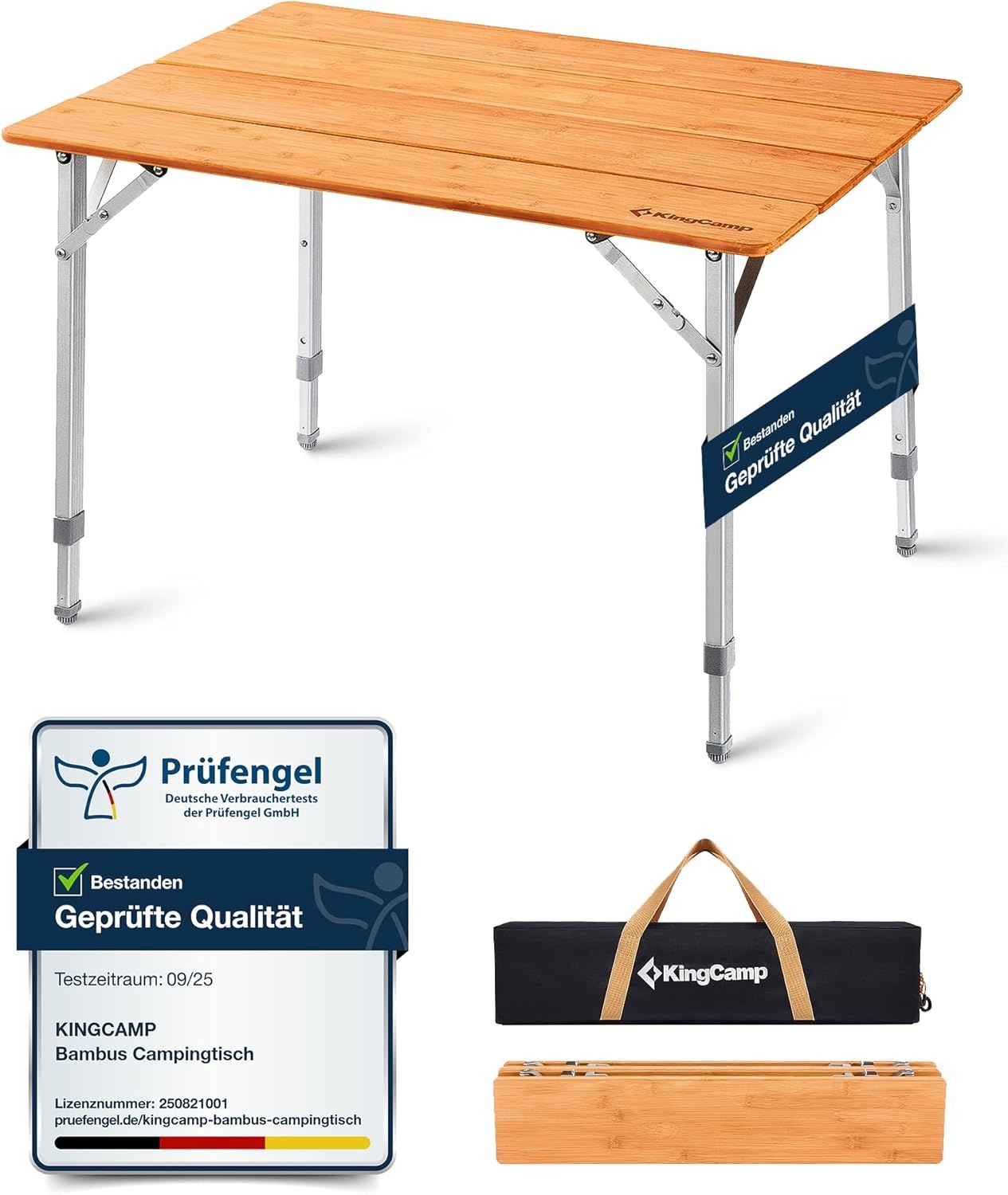 KingCamp campingtafel bamboe vouwtafel in hoogte verstelbaar voor 2 tot 6 personen - Maat 3 hoog - 100 x 65 cm,Met net
