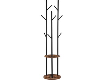 HOOBRO Garderobestandaard, vrijstaand kledingrek, garderobe in boomvorm met 8 haken, 2 ronde planken, voor kleding, hoed, tas, woonkamer, slaapkamer, kantoor, vintage bruin-zwart EBF33YM01