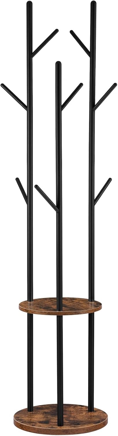 HOOBRO Garderobestandaard, vrijstaand kledingrek, garderobe in boomvorm met 8 haken, 2 ronde planken, voor kleding, hoed, tas, woonkamer, slaapkamer, kantoor, vintage bruin-zwart EBF33YM01