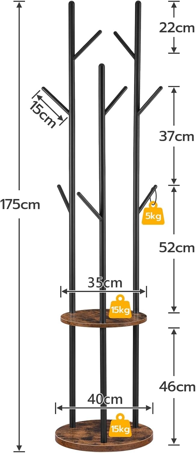 HOOBRO Garderobestandaard, vrijstaand kledingrek, garderobe in boomvorm met 8 haken, 2 ronde planken, voor kleding, hoed, tas, woonkamer, slaapkamer, kantoor, vintage bruin-zwart EBF33YM01