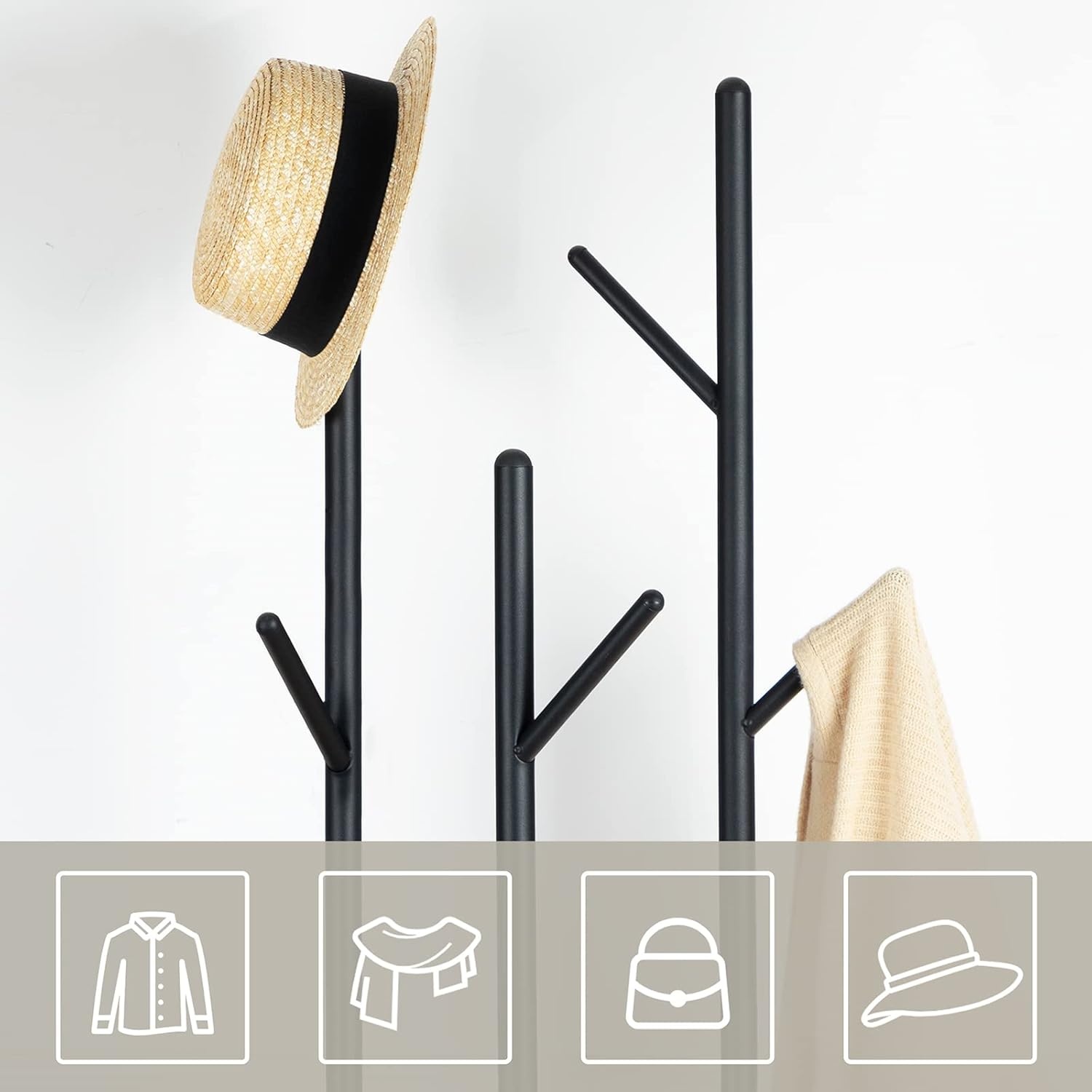 HOOBRO Garderobestandaard, vrijstaand kledingrek, garderobe in boomvorm met 8 haken, 2 ronde planken, voor kleding, hoed, tas, woonkamer, slaapkamer, kantoor, vintage bruin-zwart EBF33YM01