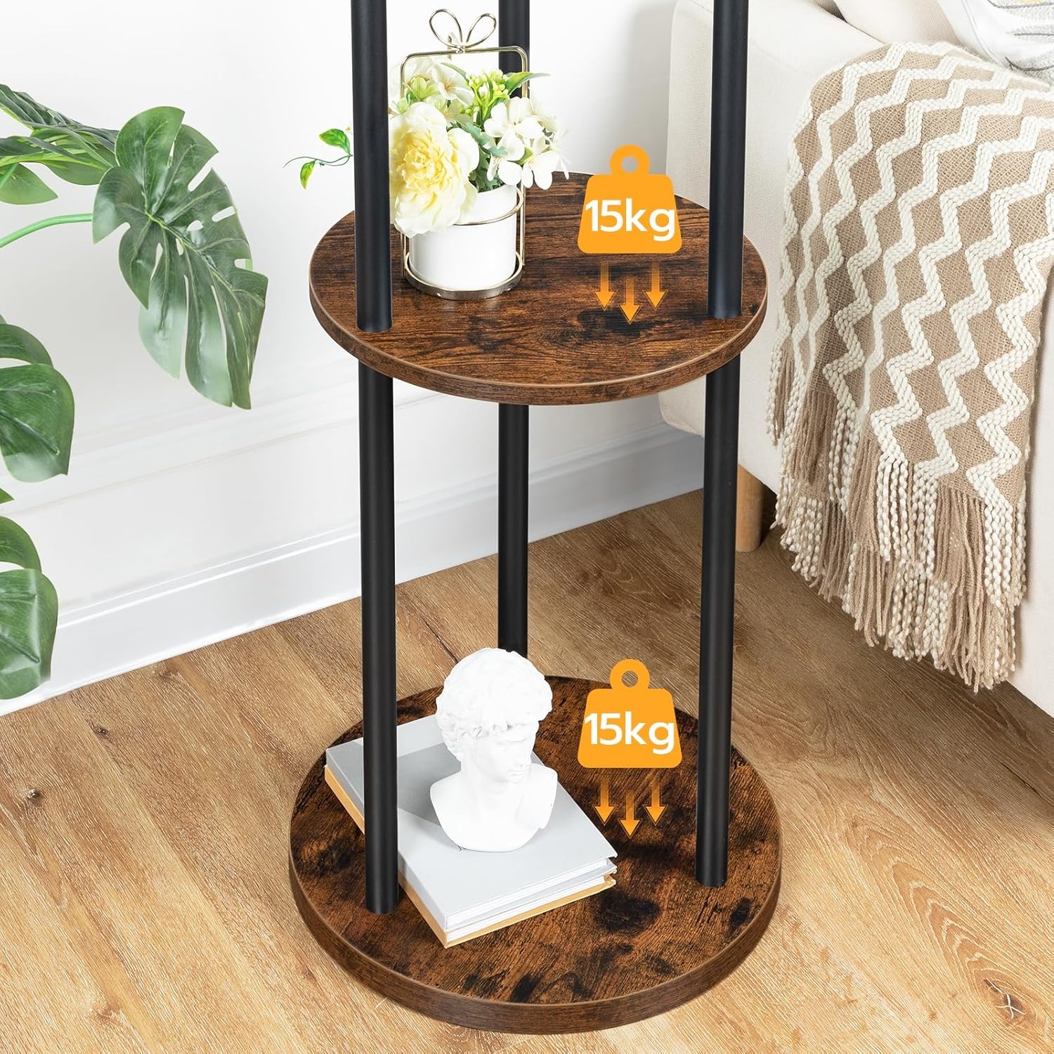 HOOBRO Garderobestandaard, vrijstaand kledingrek, garderobe in boomvorm met 8 haken, 2 ronde planken, voor kleding, hoed, tas, woonkamer, slaapkamer, kantoor, vintage bruin-zwart EBF33YM01