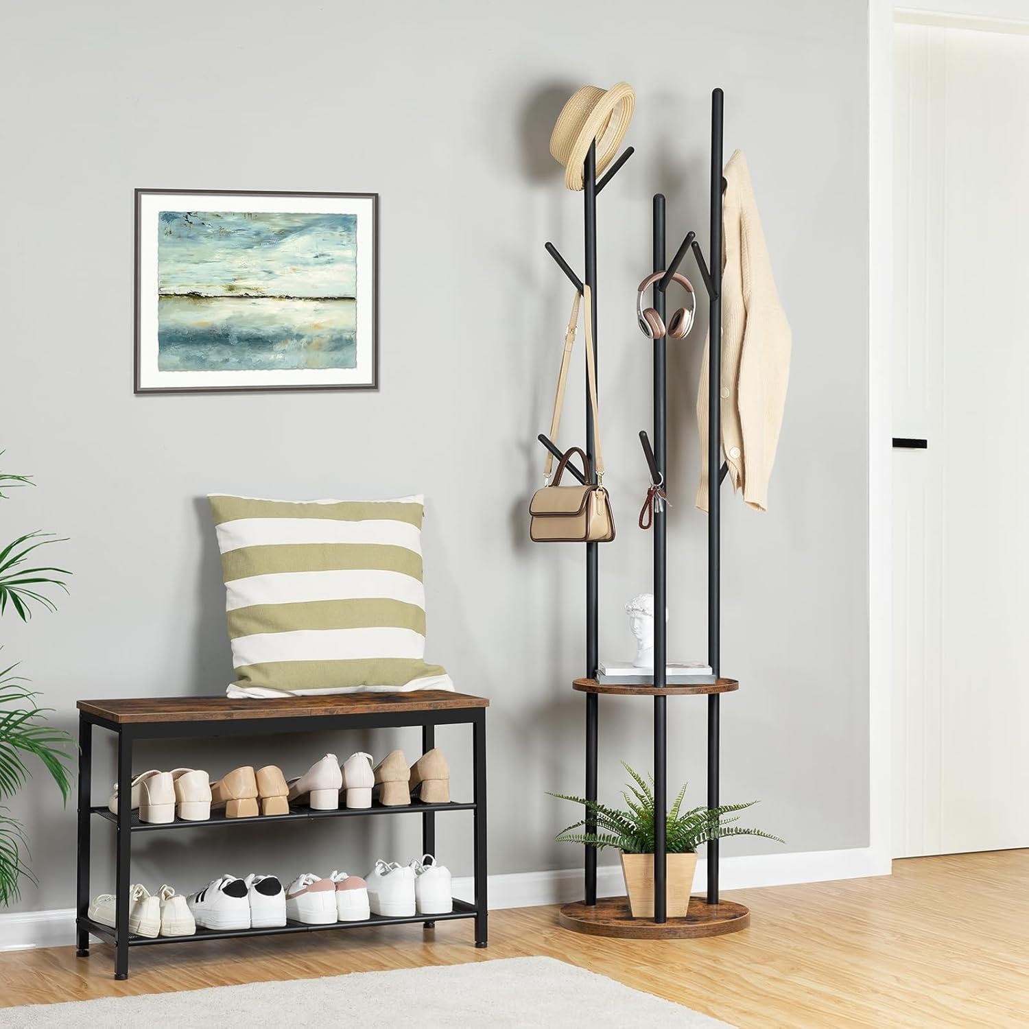 HOOBRO Garderobestandaard, vrijstaand kledingrek, garderobe in boomvorm met 8 haken, 2 ronde planken, voor kleding, hoed, tas, woonkamer, slaapkamer, kantoor, vintage bruin-zwart EBF33YM01