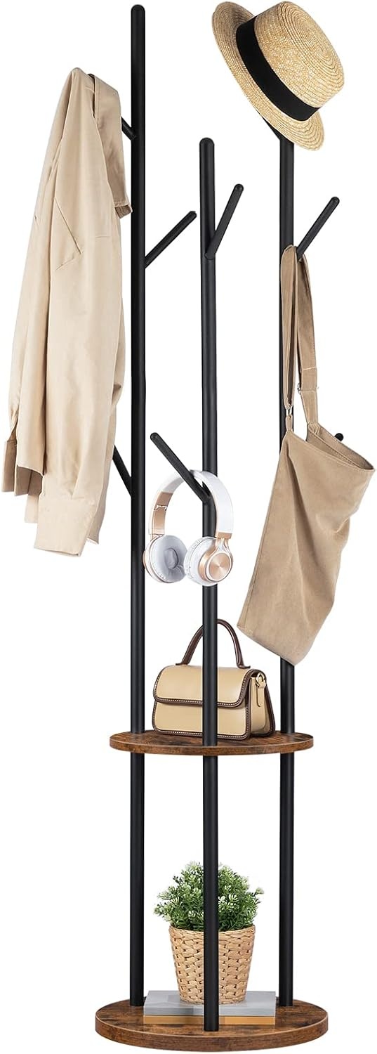 HOOBRO Garderobestandaard, vrijstaand kledingrek, garderobe in boomvorm met 8 haken, 2 ronde planken, voor kleding, hoed, tas, woonkamer, slaapkamer, kantoor, vintage bruin-zwart EBF33YM01