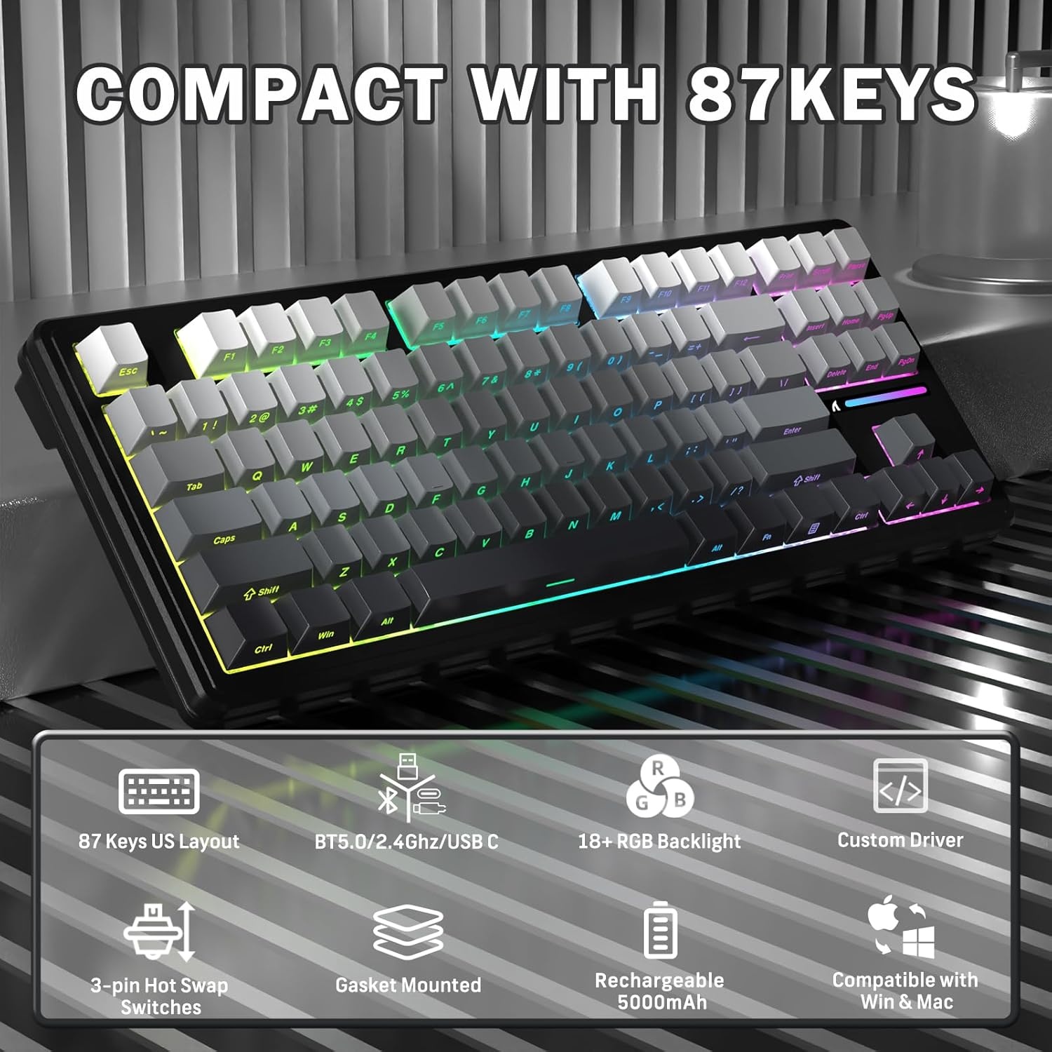 ATTACK SHARK M87PRO TKL Draadloos Mechanisch Gamingtoetsenbord, BT5.0/2.4G/USB-C Bedraad Hot Swap RGB-Toetsenbord Us-Indeling, Lineaire Witte Schakelaar Met Gradiënt Zijprint - Maanverlichte Nacht