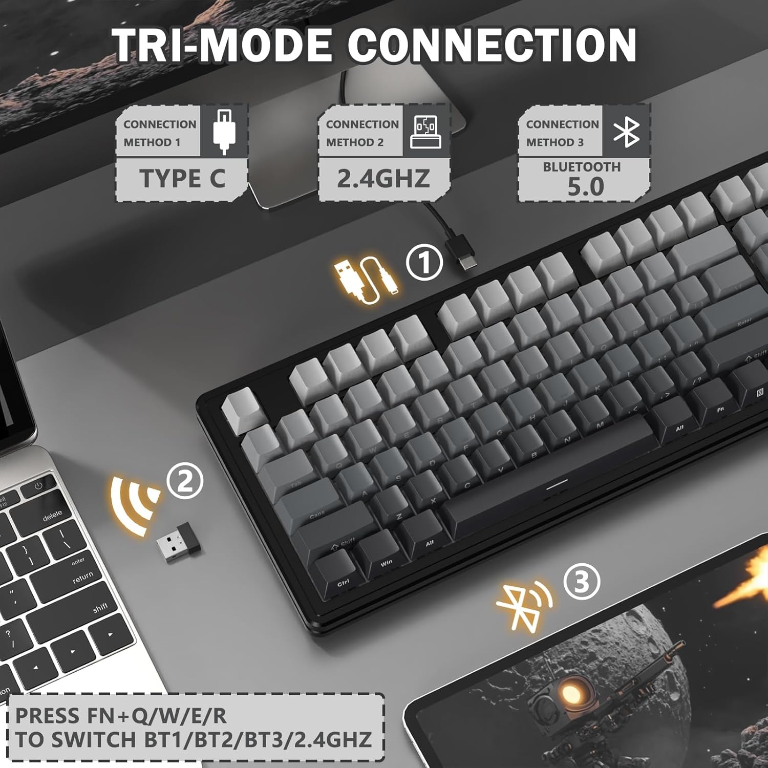 ATTACK SHARK M87PRO TKL Draadloos Mechanisch Gamingtoetsenbord, BT5.0/2.4G/USB-C Bedraad Hot Swap RGB-Toetsenbord Us-Indeling, Lineaire Witte Schakelaar Met Gradiënt Zijprint - Maanverlichte Nacht