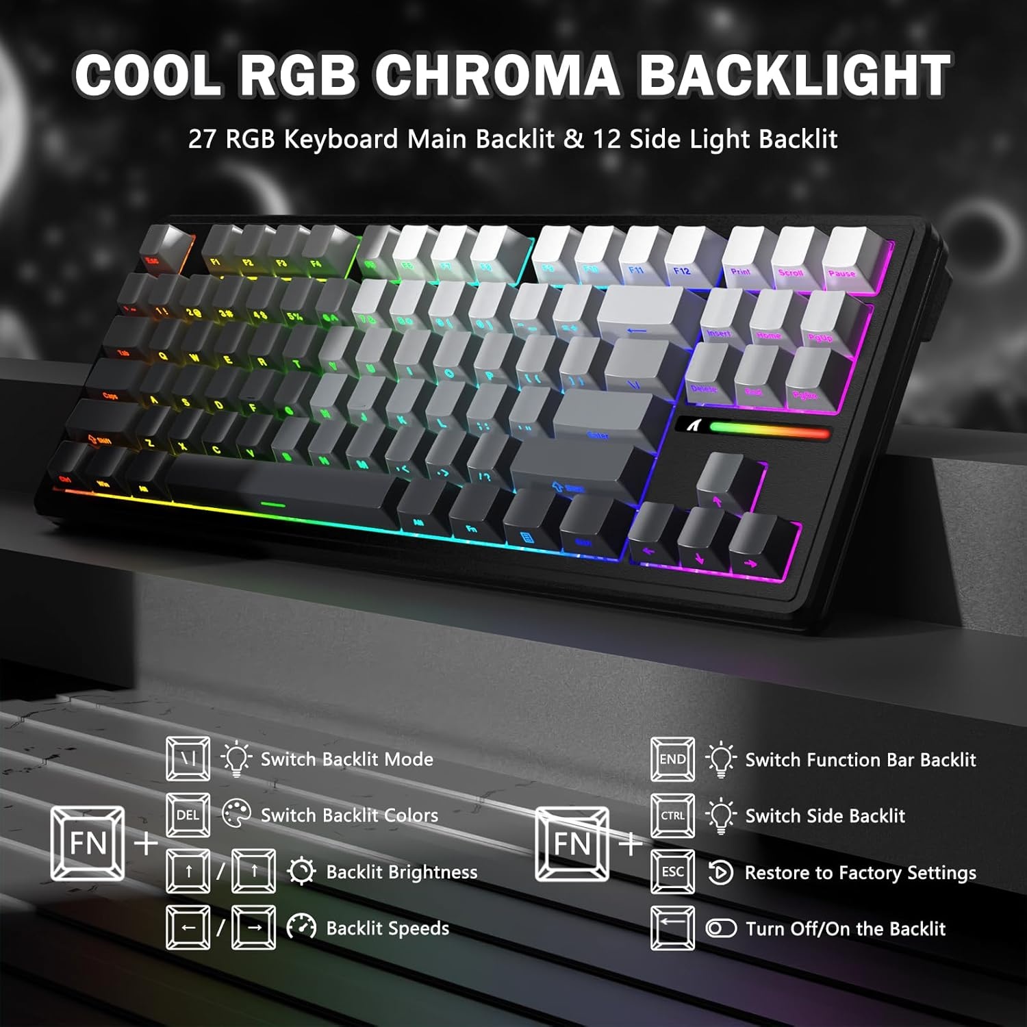 ATTACK SHARK M87PRO TKL Draadloos Mechanisch Gamingtoetsenbord, BT5.0/2.4G/USB-C Bedraad Hot Swap RGB-Toetsenbord Us-Indeling, Lineaire Witte Schakelaar Met Gradiënt Zijprint - Maanverlichte Nacht