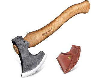 Kleine campingbijl met schede, houten handvat, outdoor survival bijl