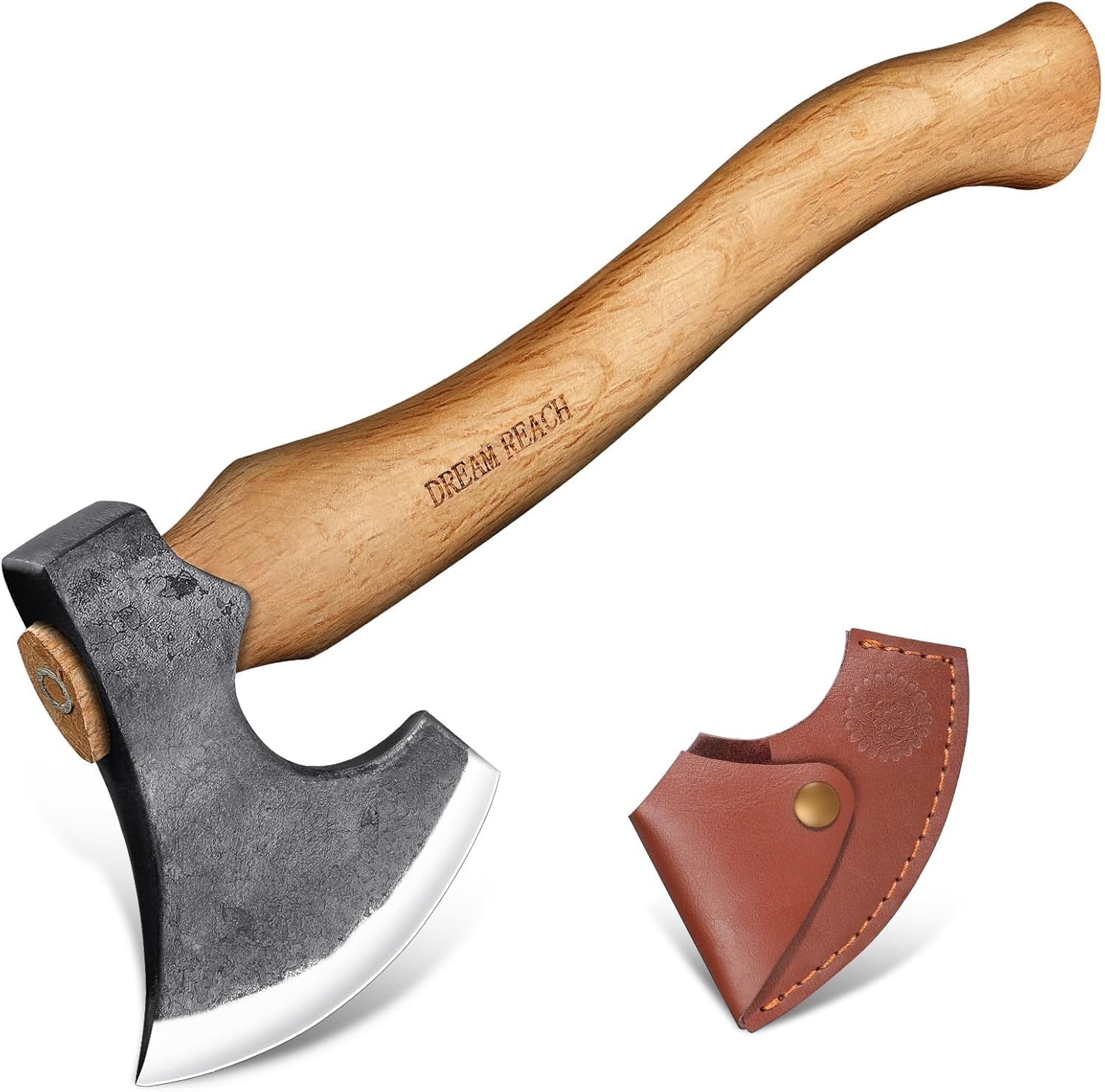 Kleine campingbijl met schede, houten handvat, outdoor survival bijl