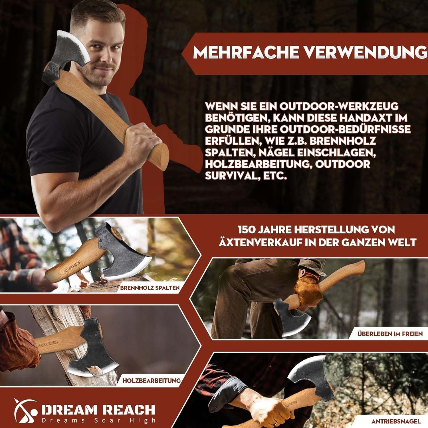 Kleine campingbijl met schede, houten handvat, outdoor survival bijl