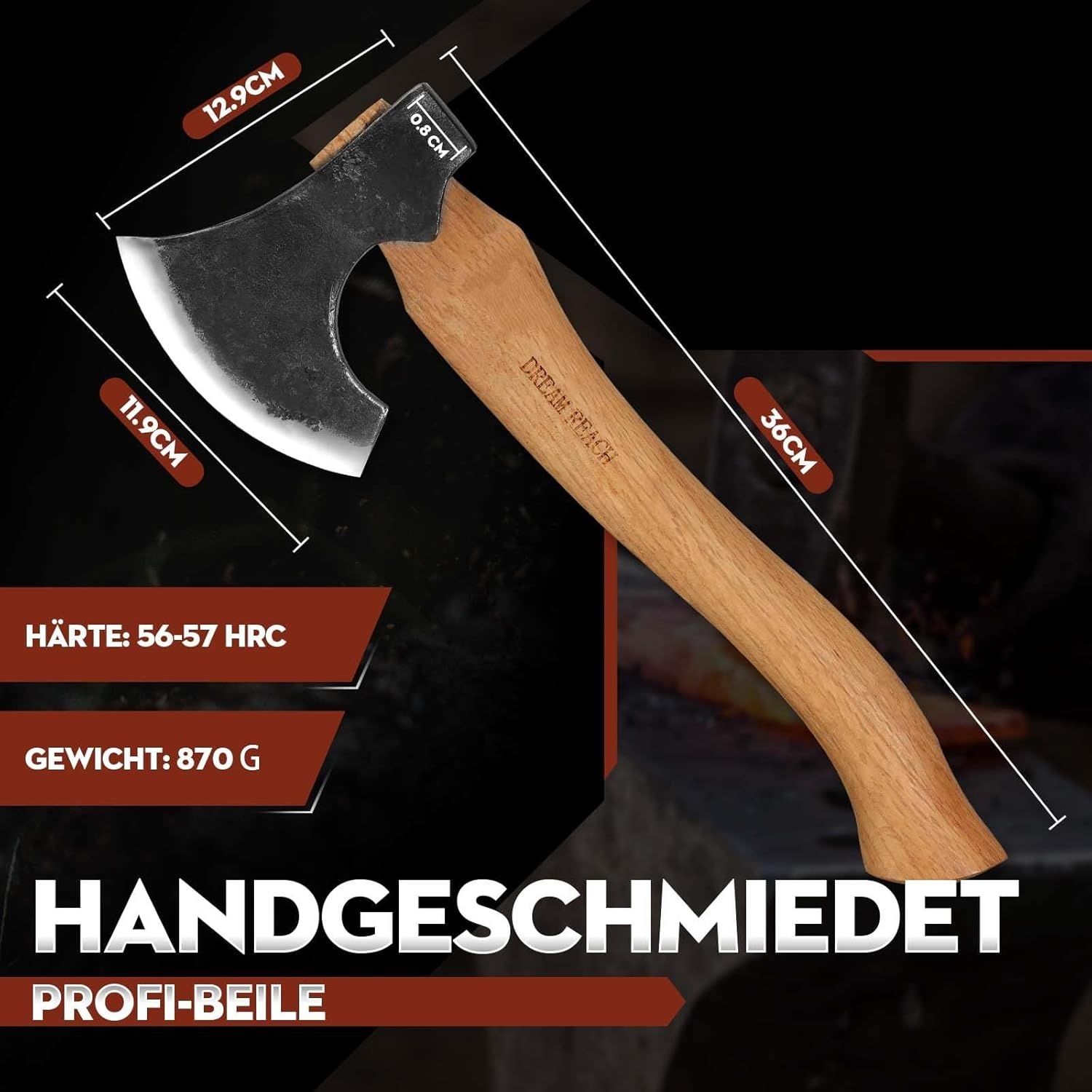 Kleine campingbijl met schede, houten handvat, outdoor survival bijl