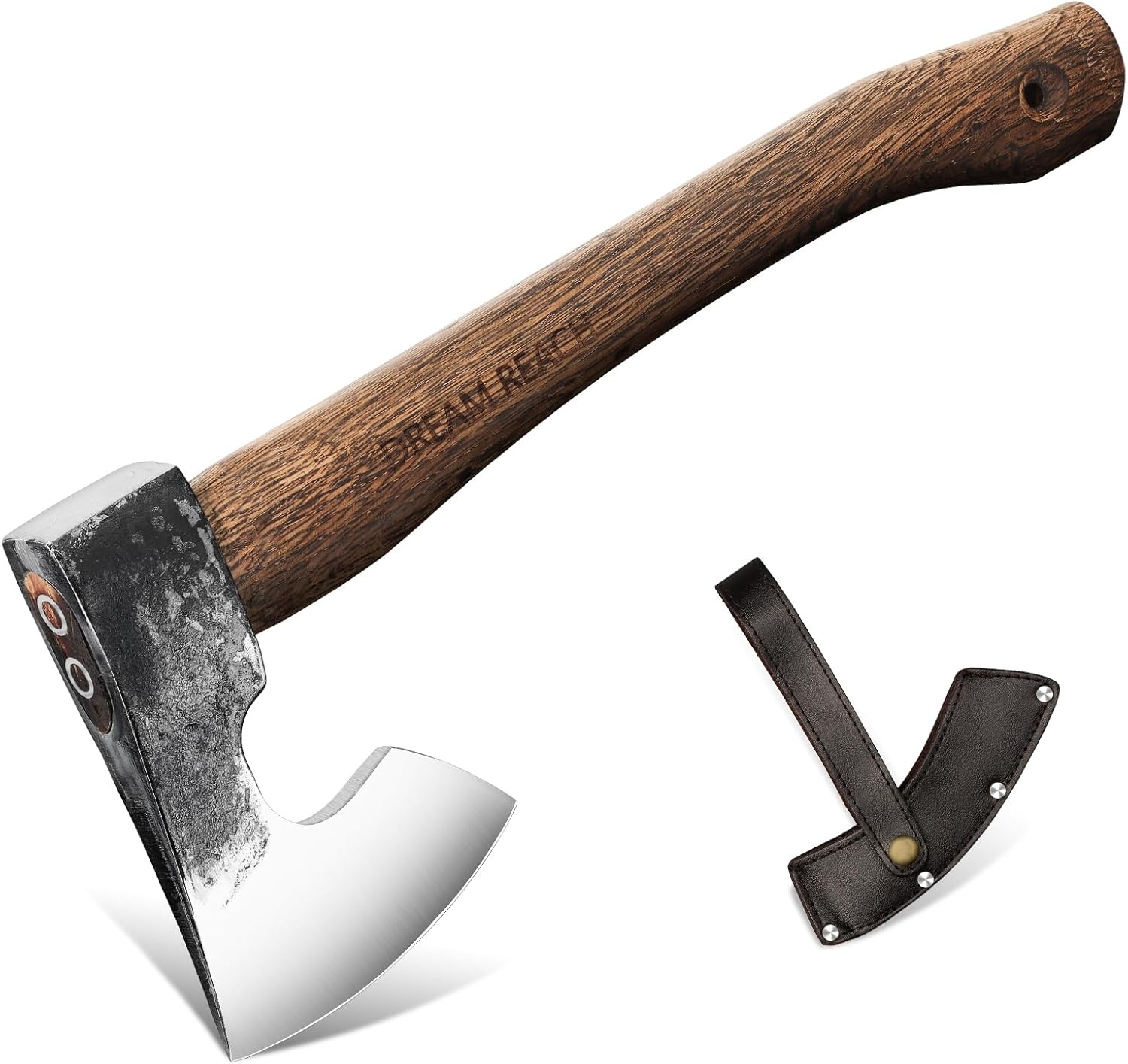 Kleine campingbijl met schede, houten handvat, outdoor survival bijl