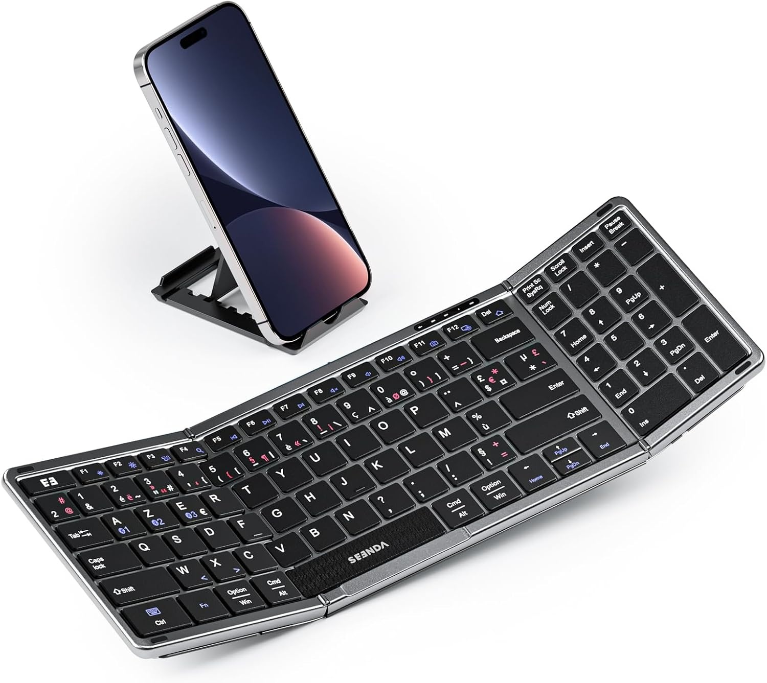 seenda Opvouwbaar Bluetooth-toetsenbord – mini-draagbaar draadloos toetsenbord met cijferblok, AZERTY, oplaadbaar, volledige grootte, voor Windows iOS Android Tablet iPad – zwart