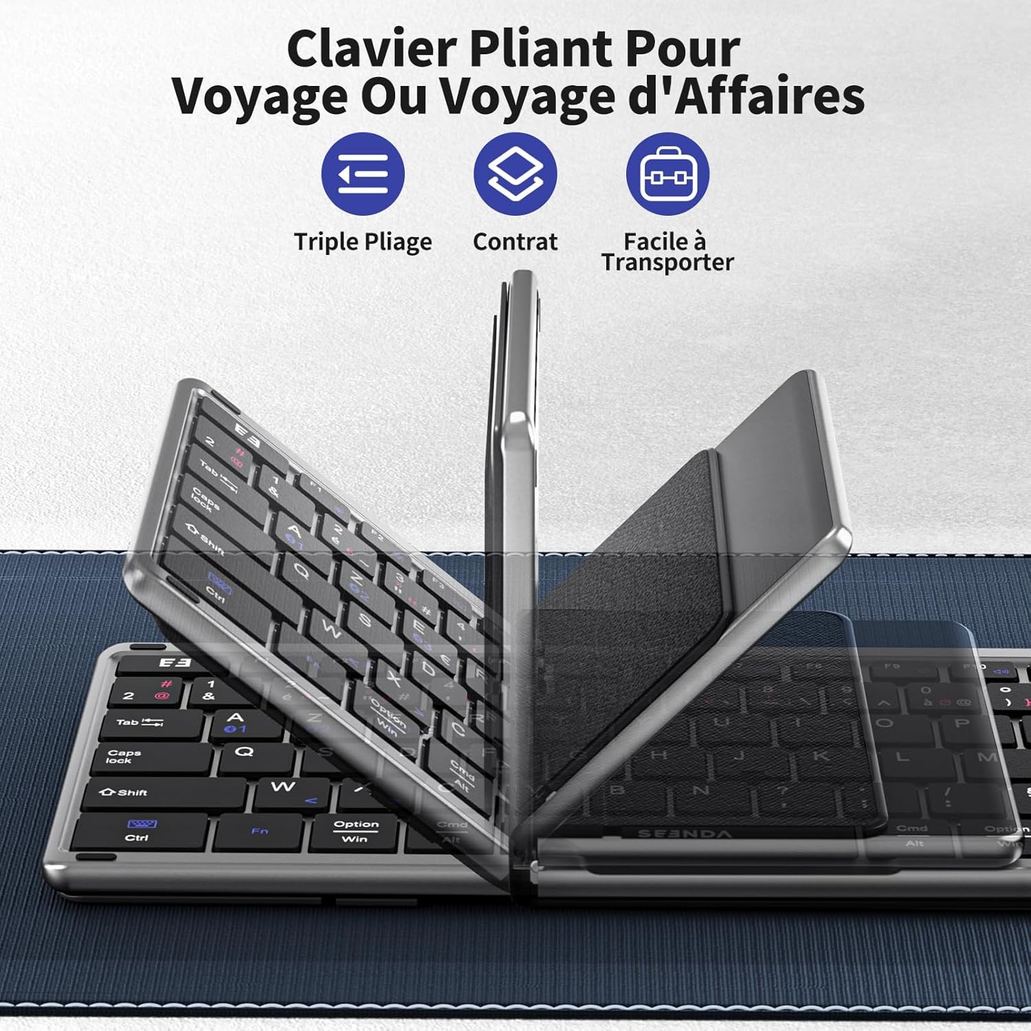seenda Opvouwbaar Bluetooth-toetsenbord – mini-draagbaar draadloos toetsenbord met cijferblok, AZERTY, oplaadbaar, volledige grootte, voor Windows iOS Android Tablet iPad – zwart